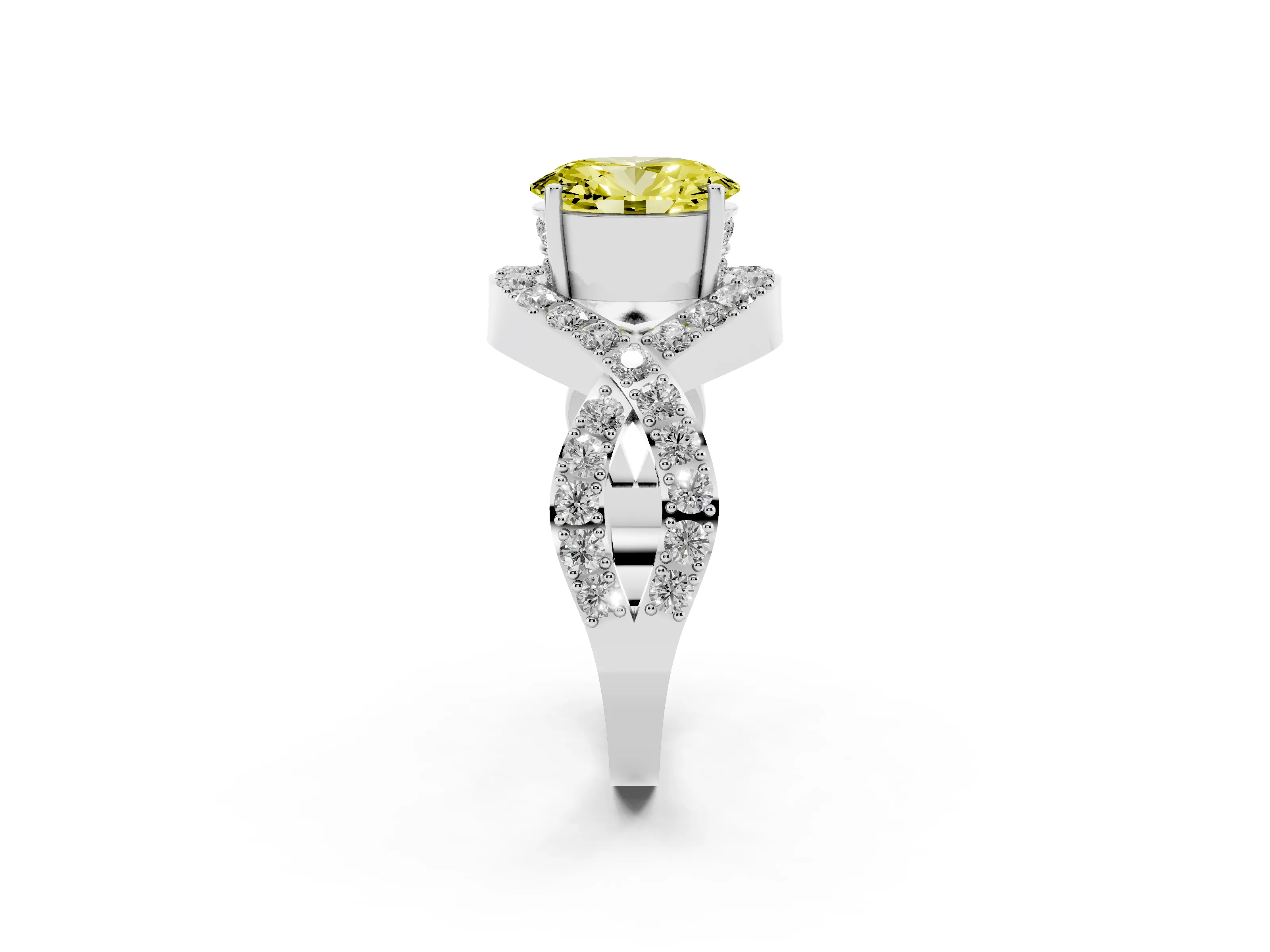 Fancy Yellow Oval Cut Diamond Solitaire Twist Band Pavé Engagement Ring Set in Platinum