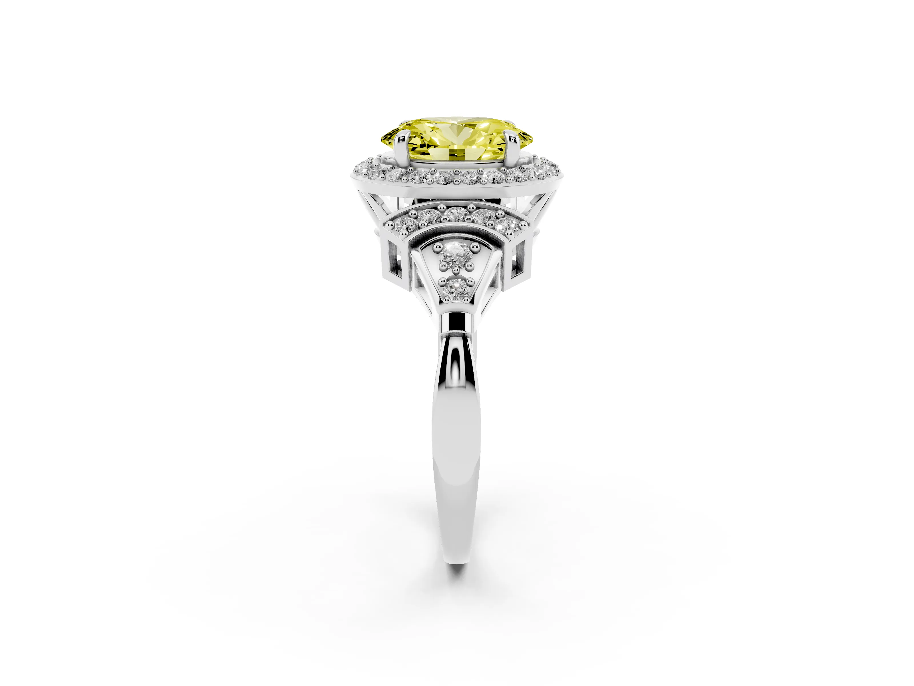 Fancy Yellow Oval Cut Diamond Halo Engagement Ring Set in Platinum with Accent Stone Split Shank