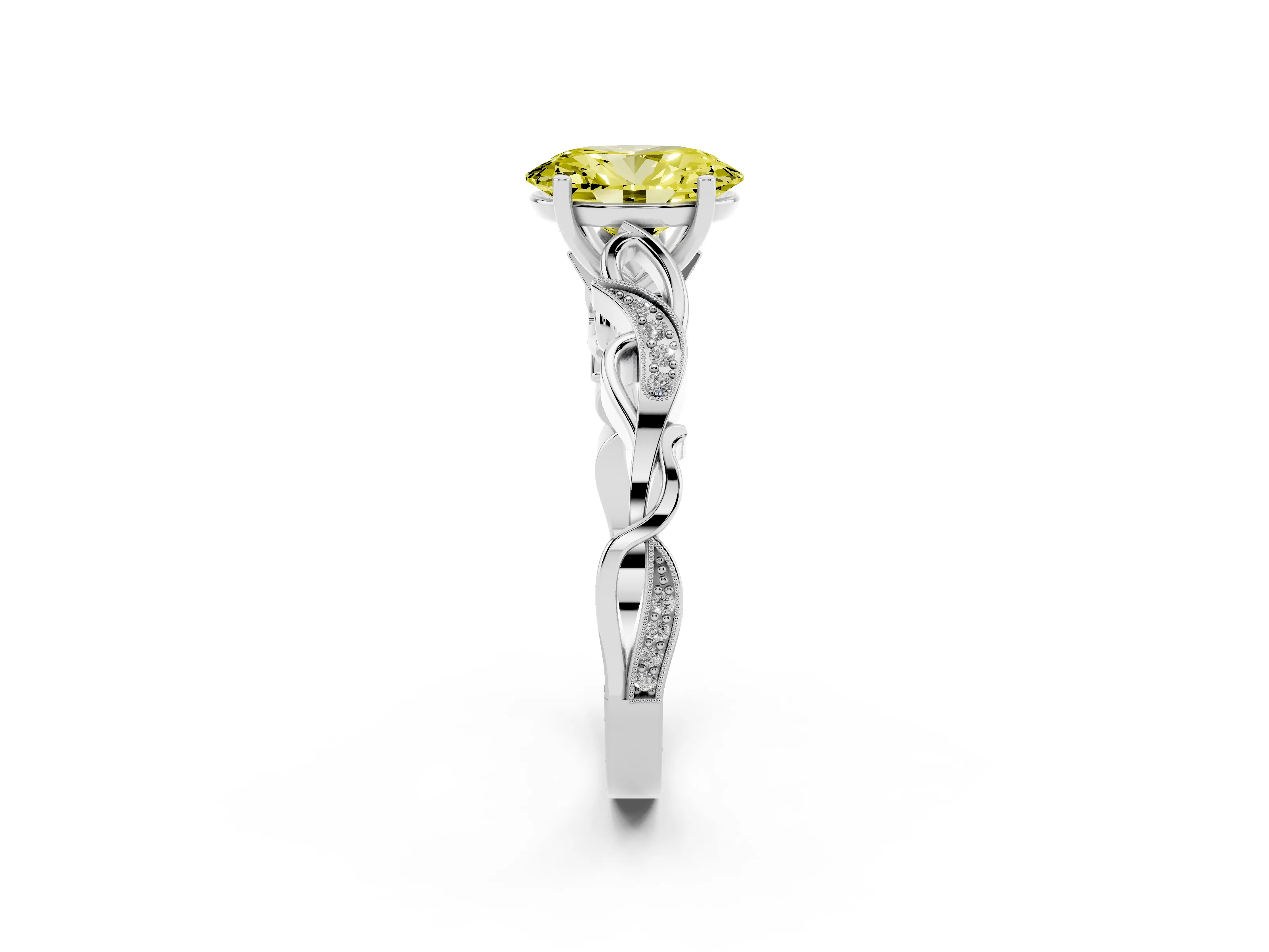 Fancy Yellow Oval Cut Diamond Vine Band Solitaire Ring Set in White gold with Milgrain Prong Setting