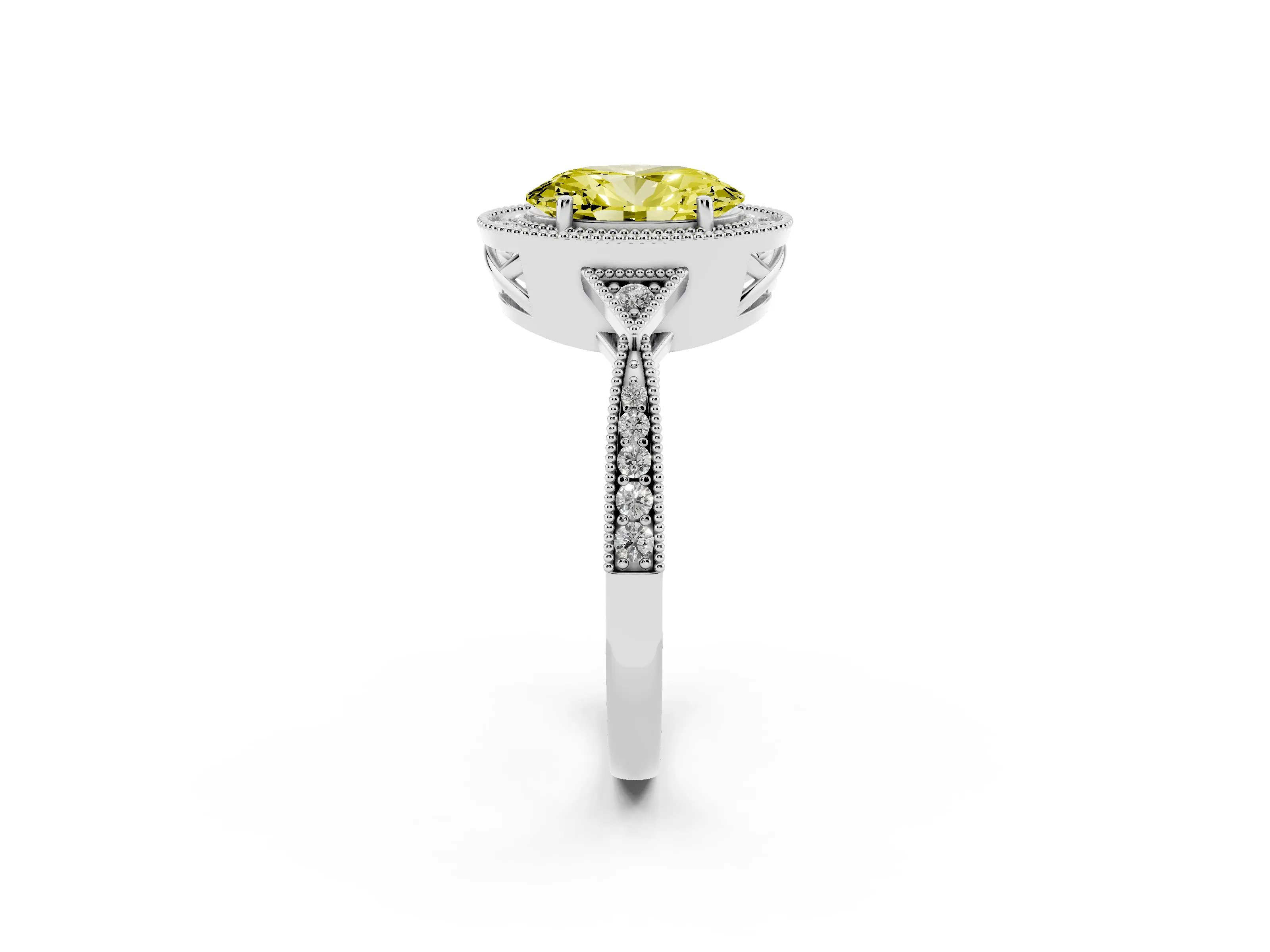 Fancy Yellow Oval Cut Diamond Halo Engagement Ring Set in Silver with Milgrain Pavé Band