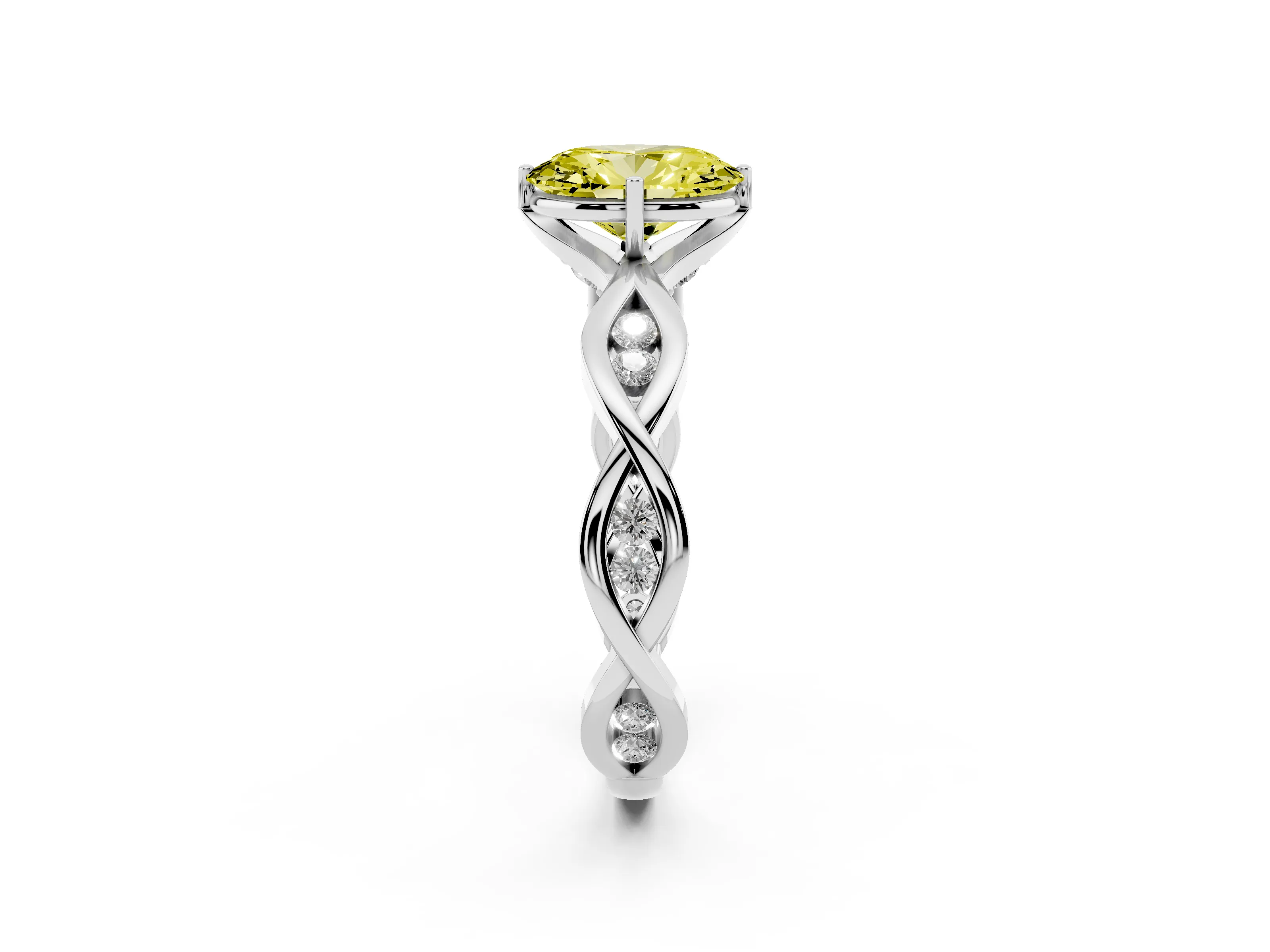 Fancy Yellow Oval Cut Diamond Twist Band Solitaire Ring Set in Platinum with Leaf Prong Setting and Accent Stones