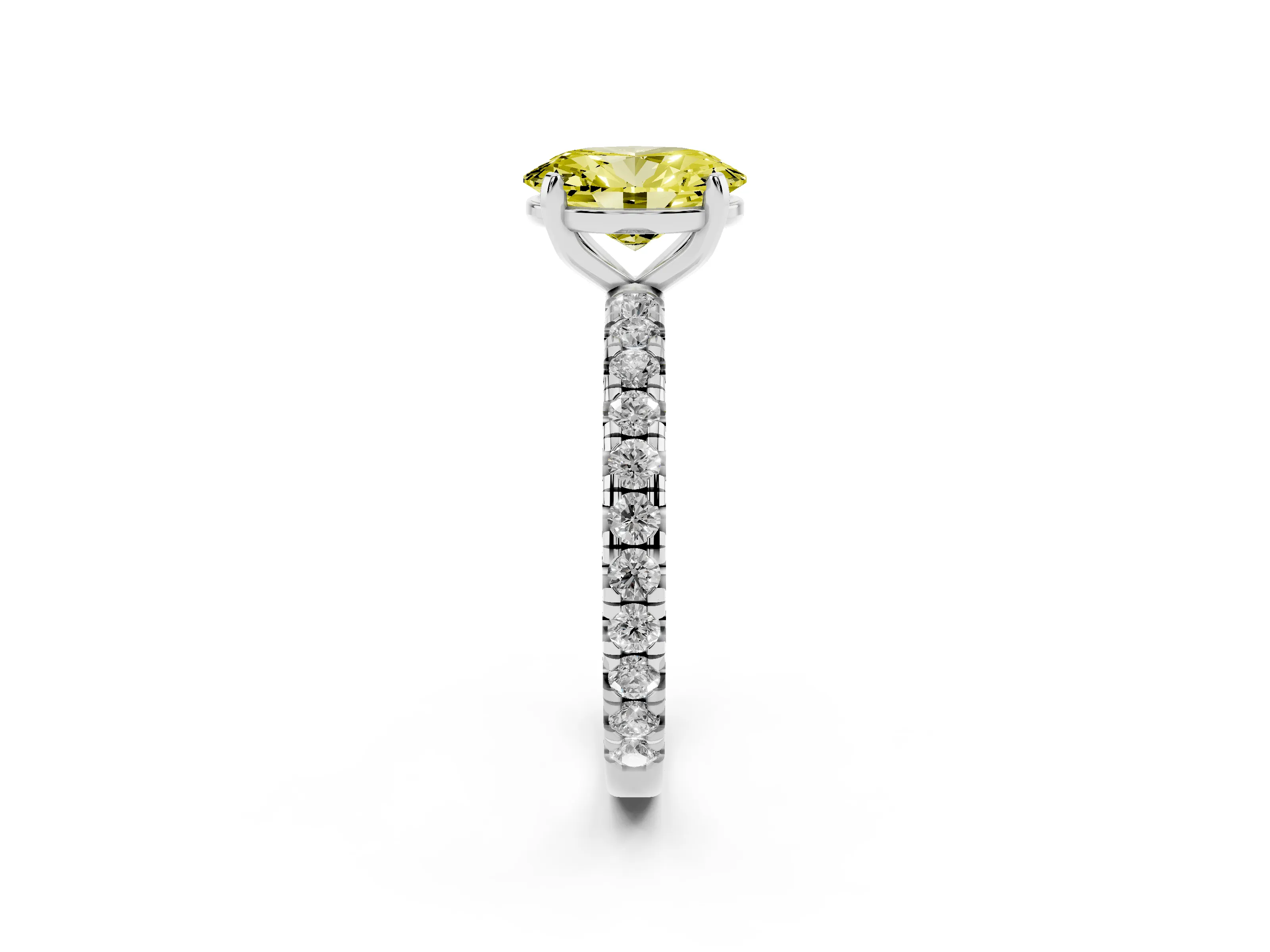 Fancy Yellow Oval Cut Diamond Pavé Solitaire Ring Set in Platinum with Round Band and Prong Setting