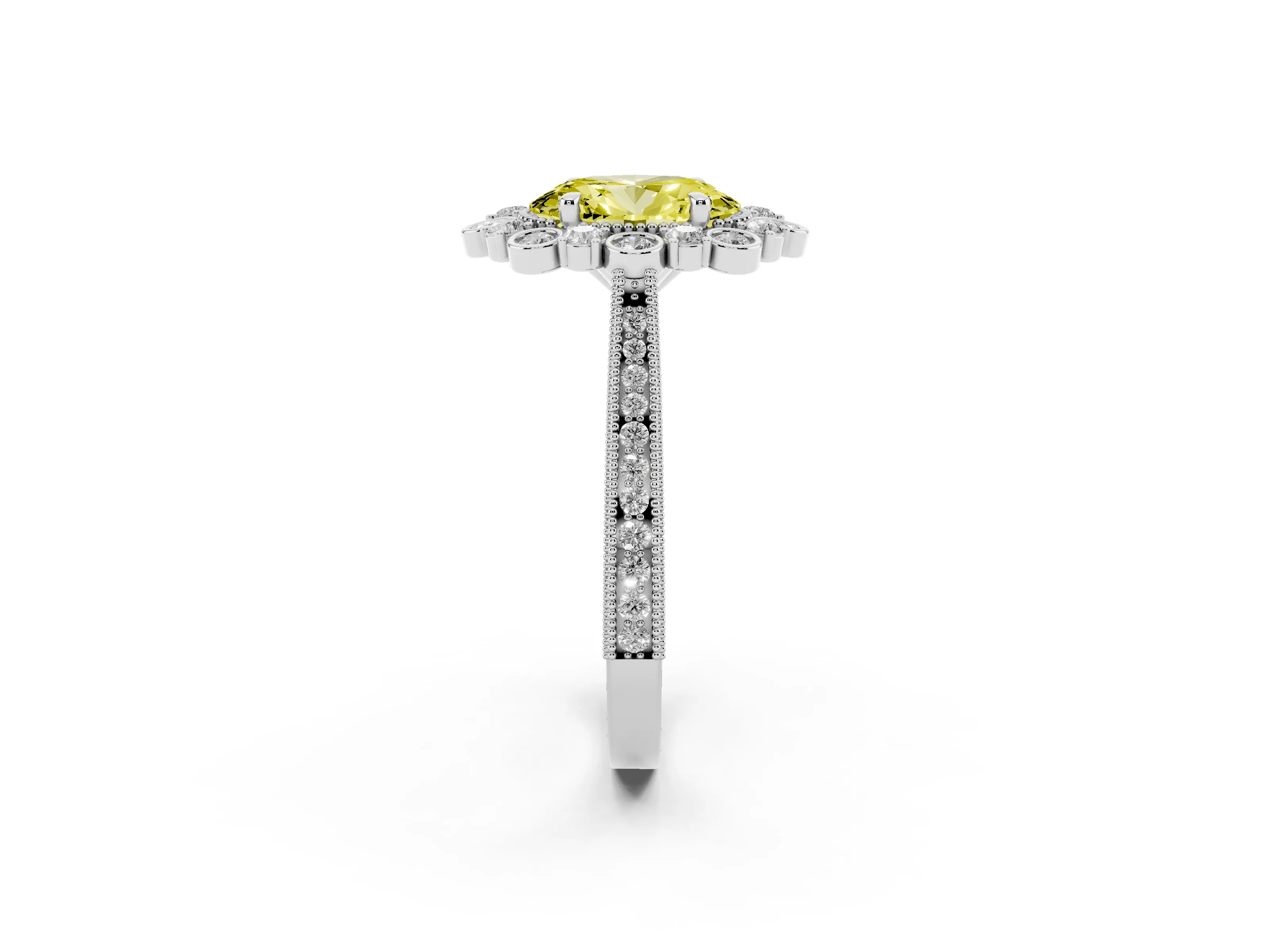 Fancy Yellow Oval Cut Diamond Halo Milgrain Pavé Ring Set in Platinum with Prong Setting