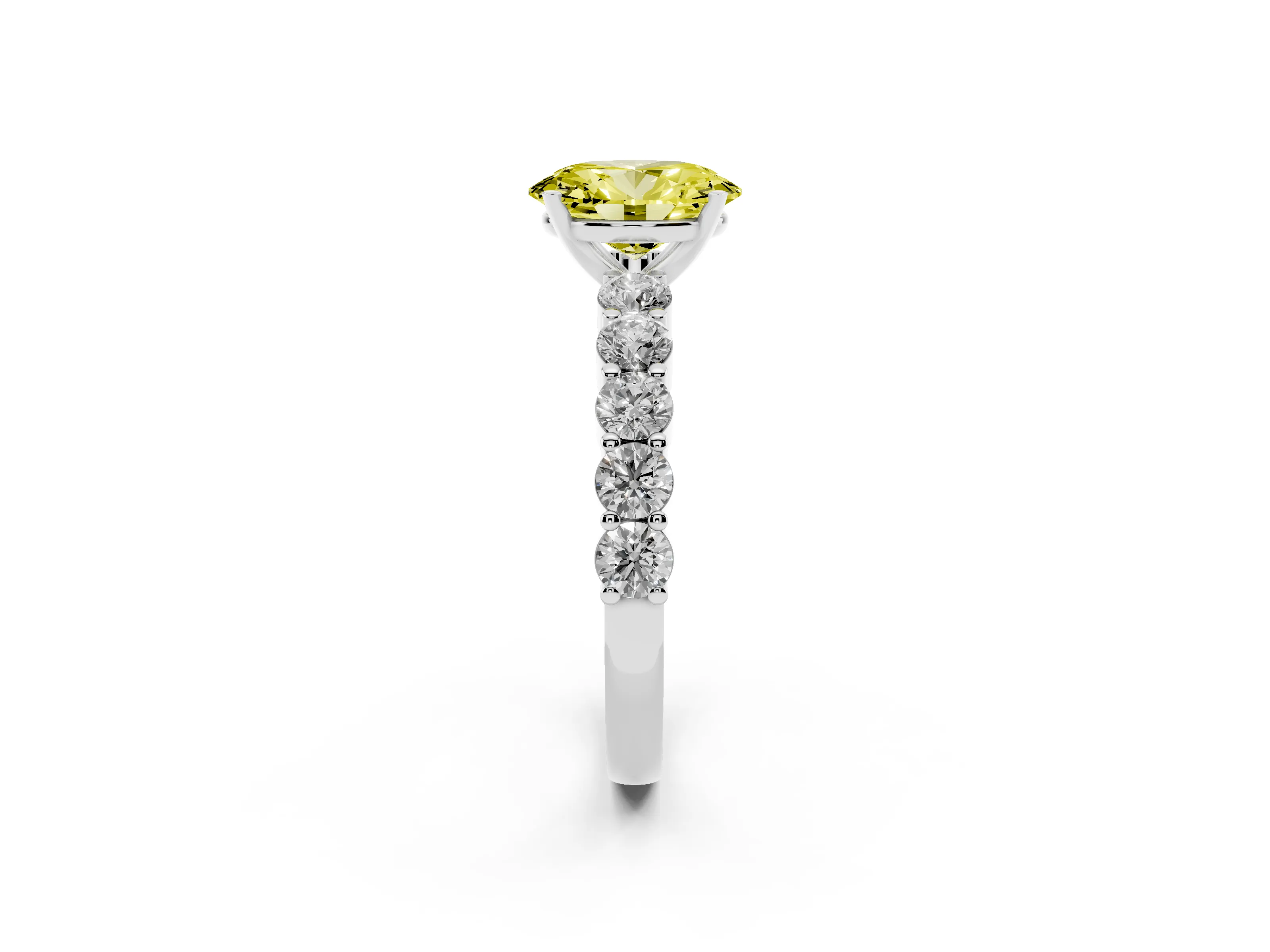 Fancy Yellow Oval Cut Diamond Solitaire Ring Set in Platinum with Shared Prong Round Side Stones