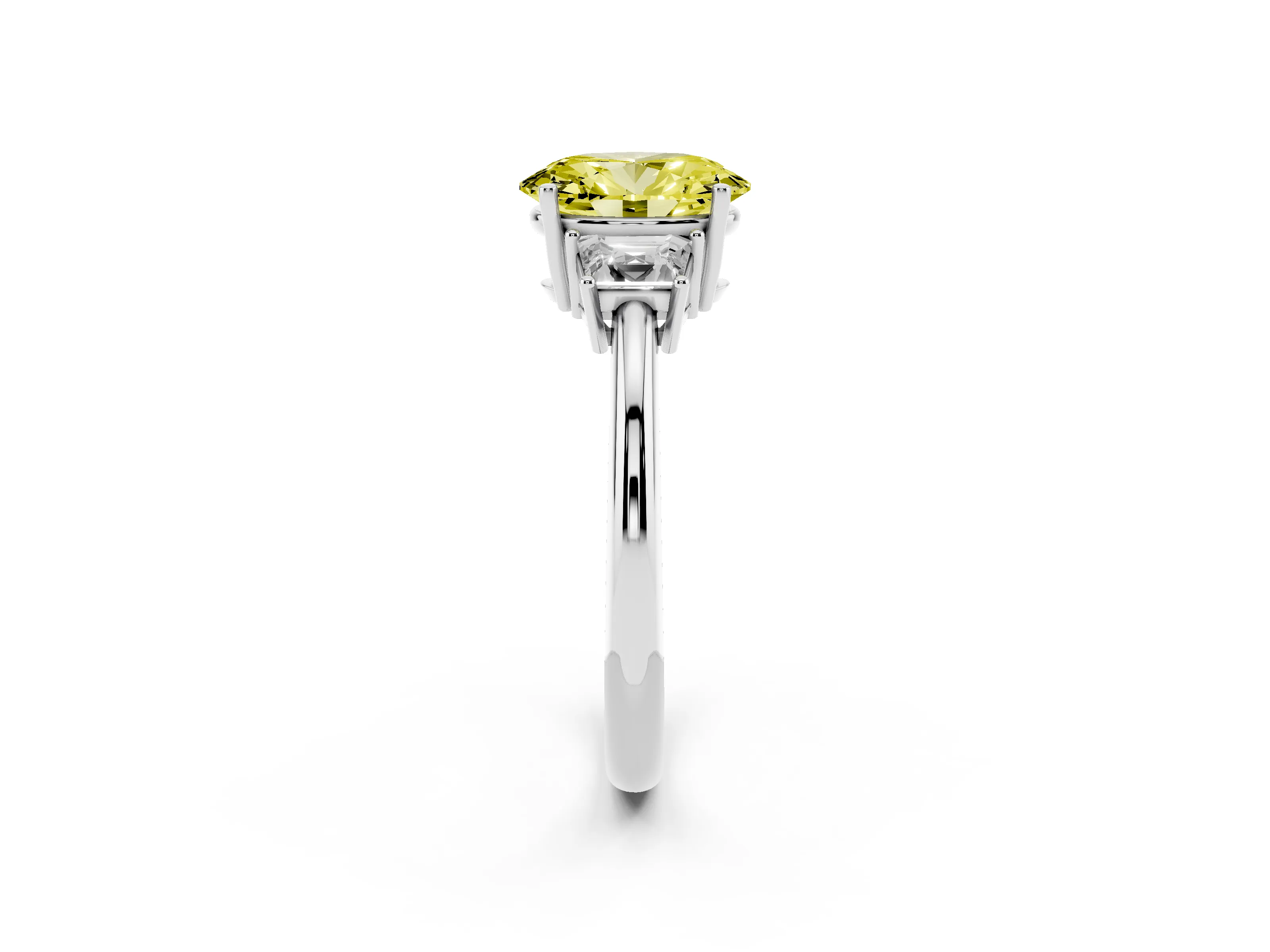 Fancy Yellow Oval Cut Diamond Three-Stone Ring Set in White gold with Trapezoid Side Stones and Prong Setting