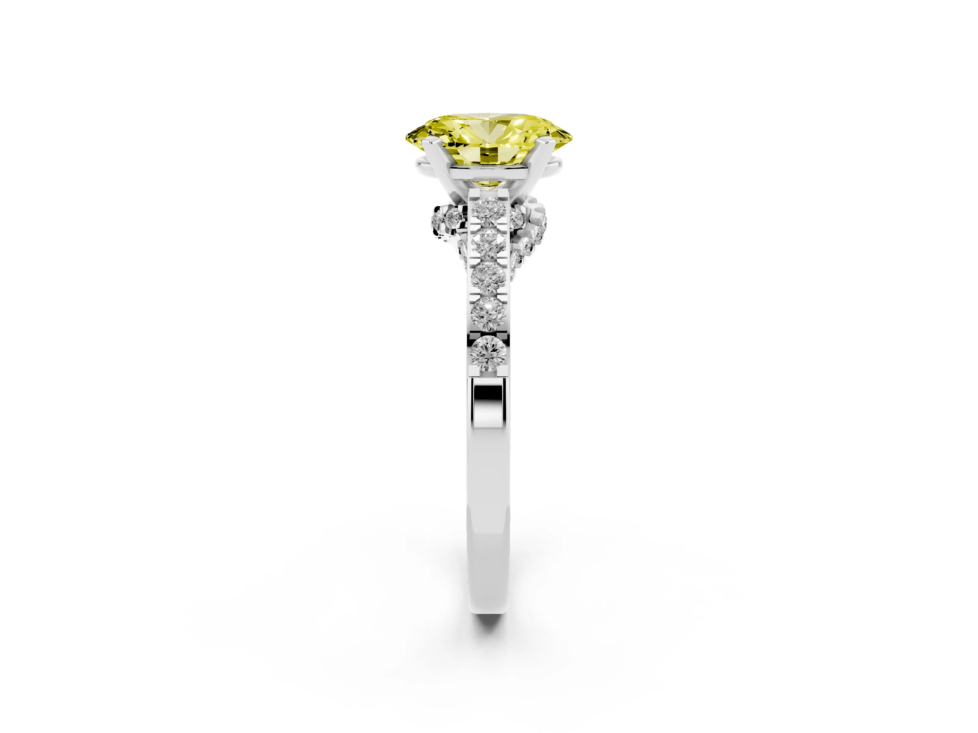 Fancy Yellow Oval Cut Diamond Solitaire Ring Set in White gold with Crossover Gallery and Round Pavé Band