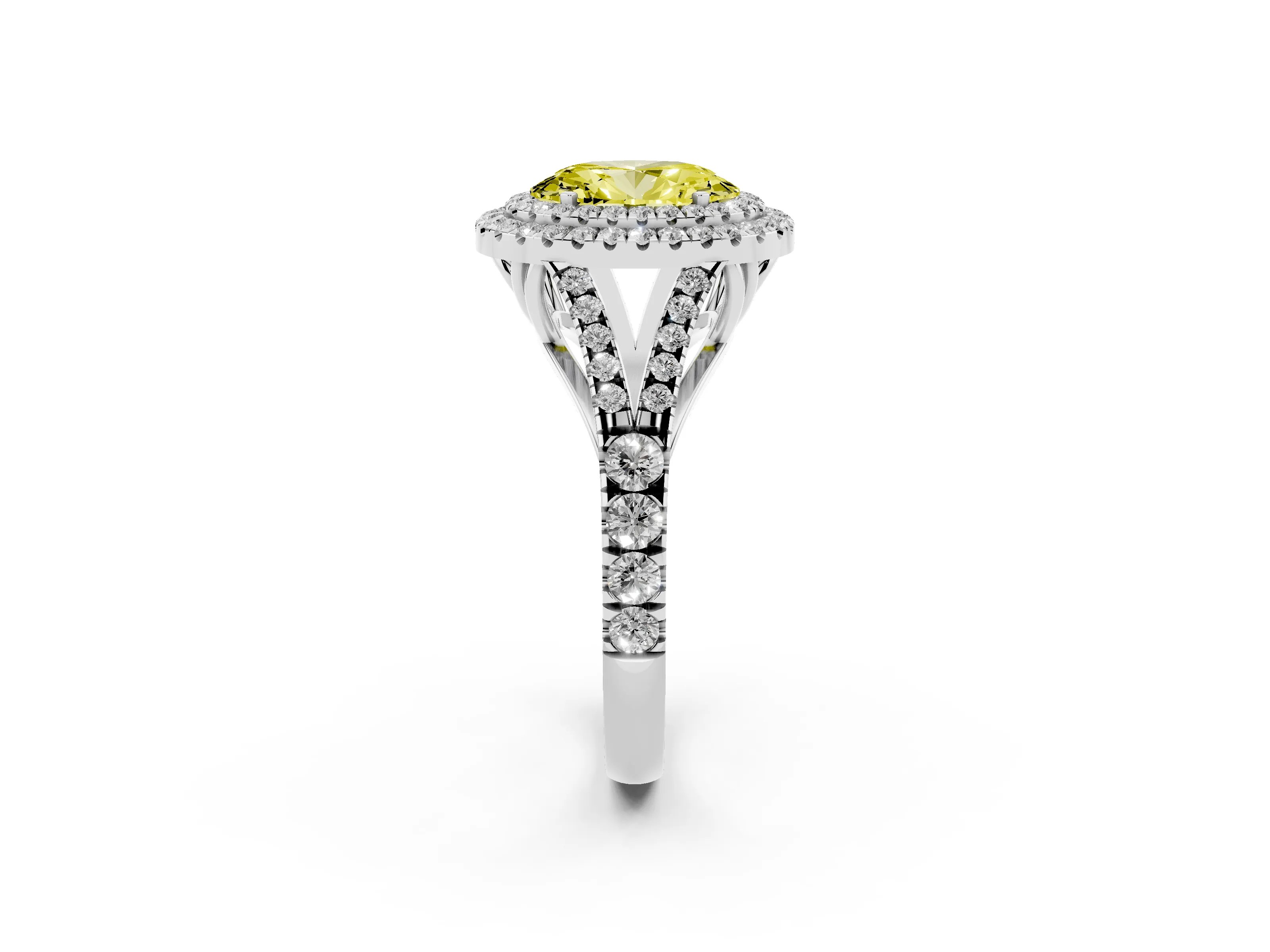 Fancy Yellow Oval Cut Diamond Pavé Split Shank Double Halo Engagement Ring Set in Silver