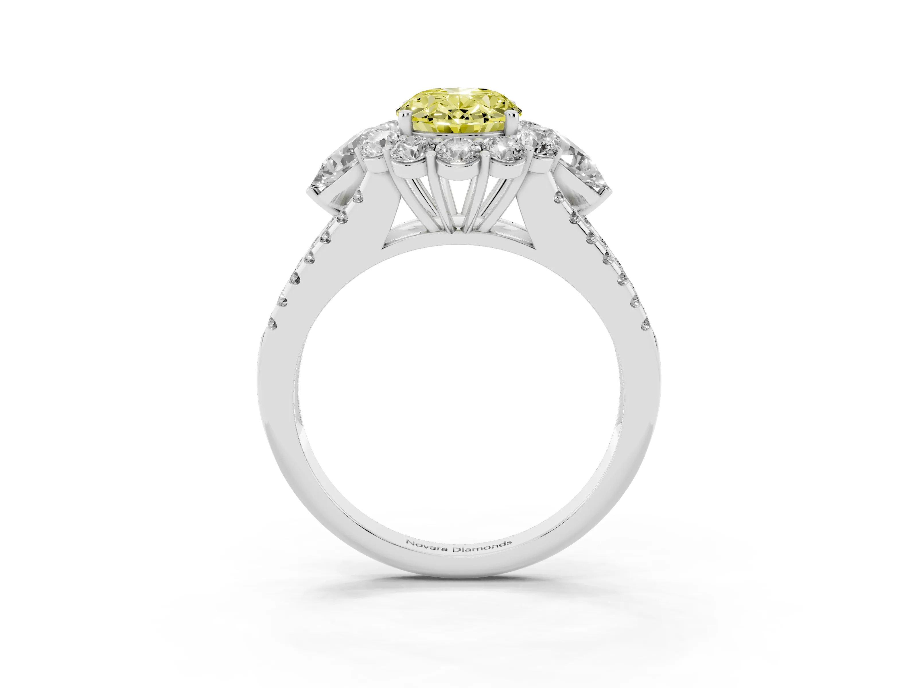 Fancy Yellow Oval Cut Diamond Halo Split Shank Engagement Ring Set in Silver with Prong-Held Center Stone