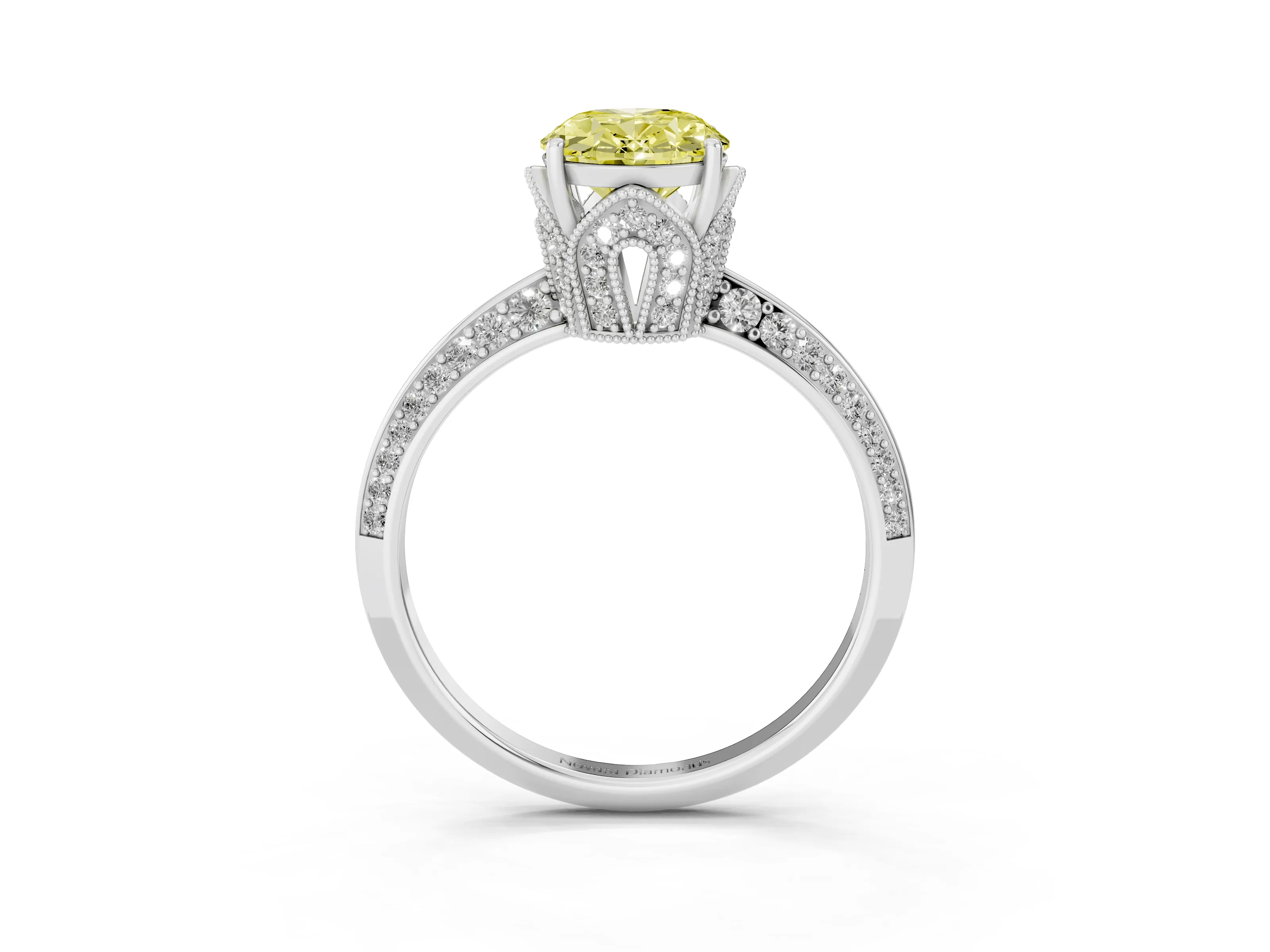 Fancy Yellow Oval Cut Diamond Solitaire Engagement Ring Set in Silver with Pavé Split Shank and Prong Setting