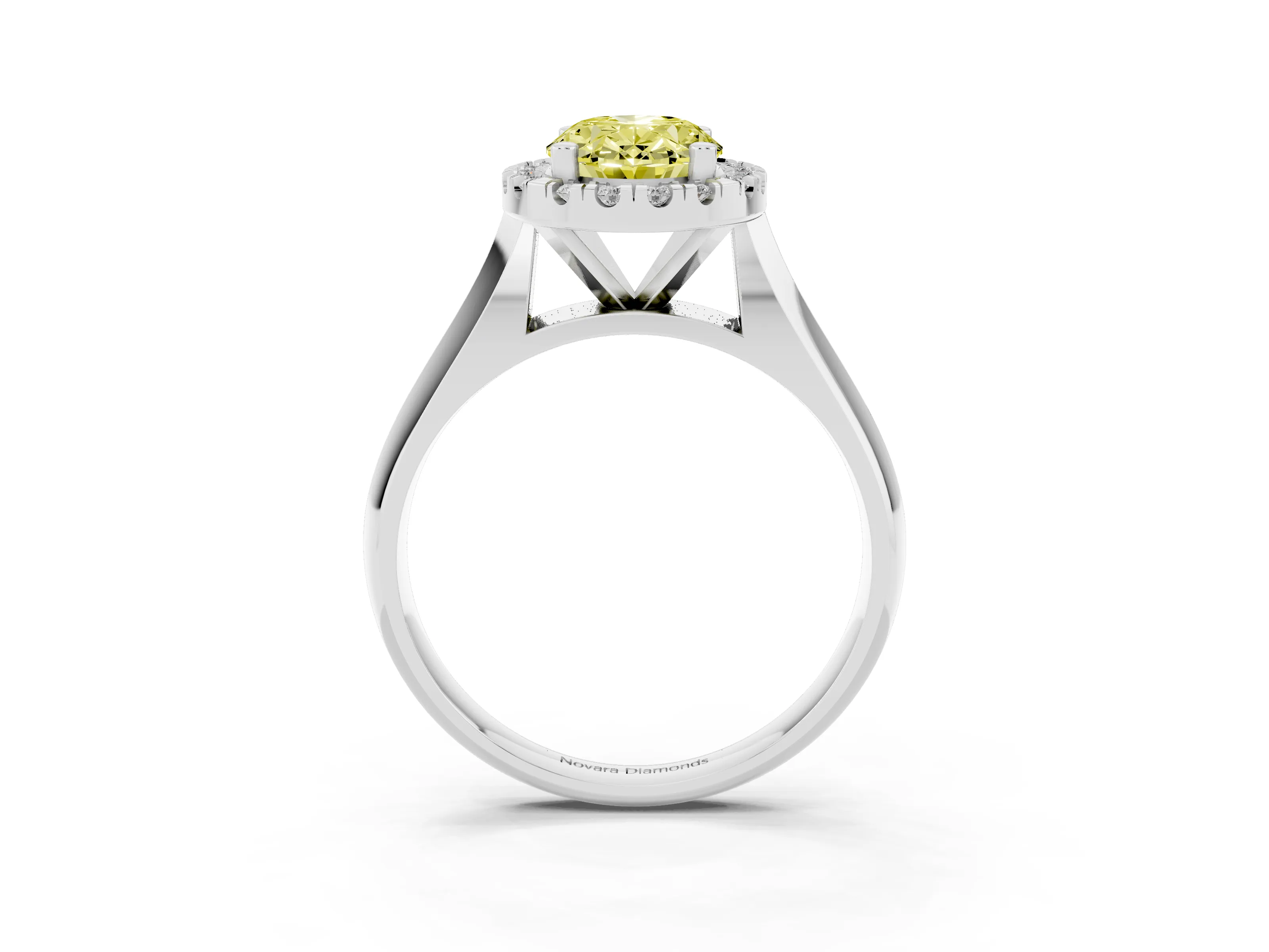 Fancy Yellow Oval Cut Diamond Halo Solitaire Engagement Ring Set in Silver with Square Band and Prong Setting