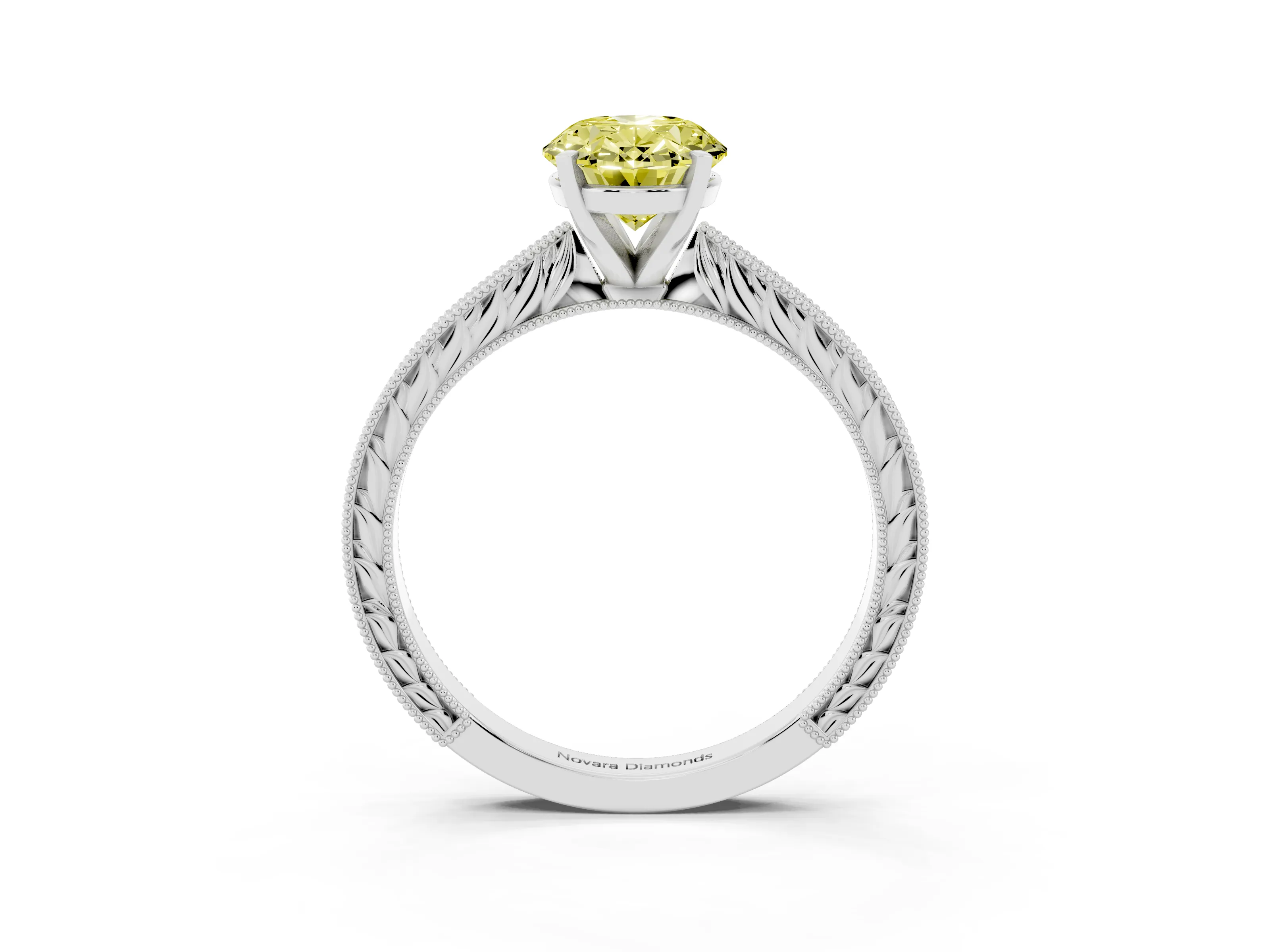 Fancy Yellow Oval Cut Diamond Solitaire Milgrain Engraved Band Set in White gold with Prong Setting