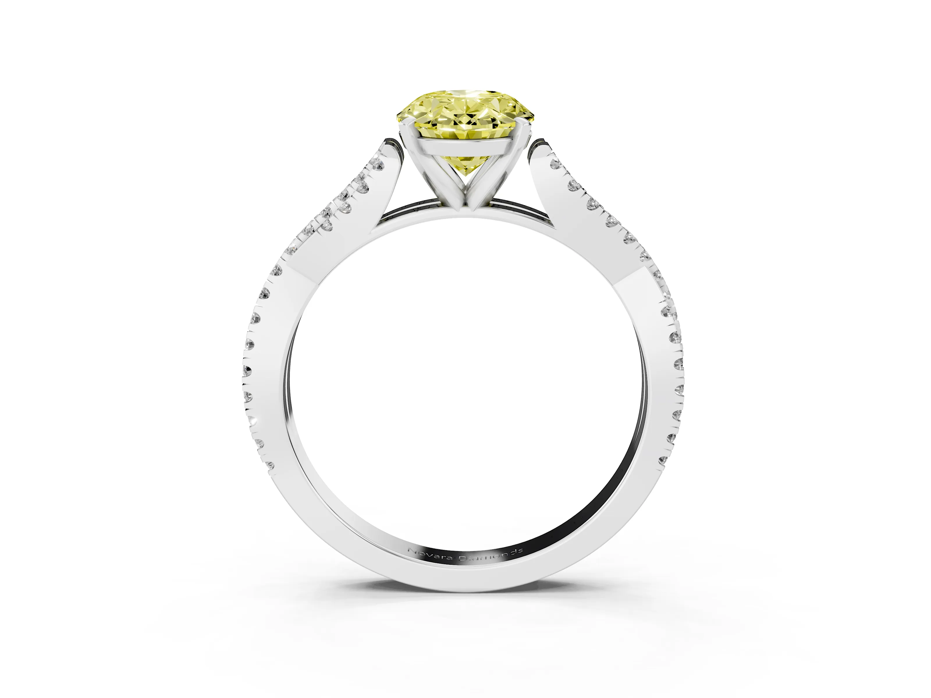 Fancy Yellow Oval Cut Diamond Solitaire Engagement Ring Set in White gold with Twisted Pavé Band and Prong Setting