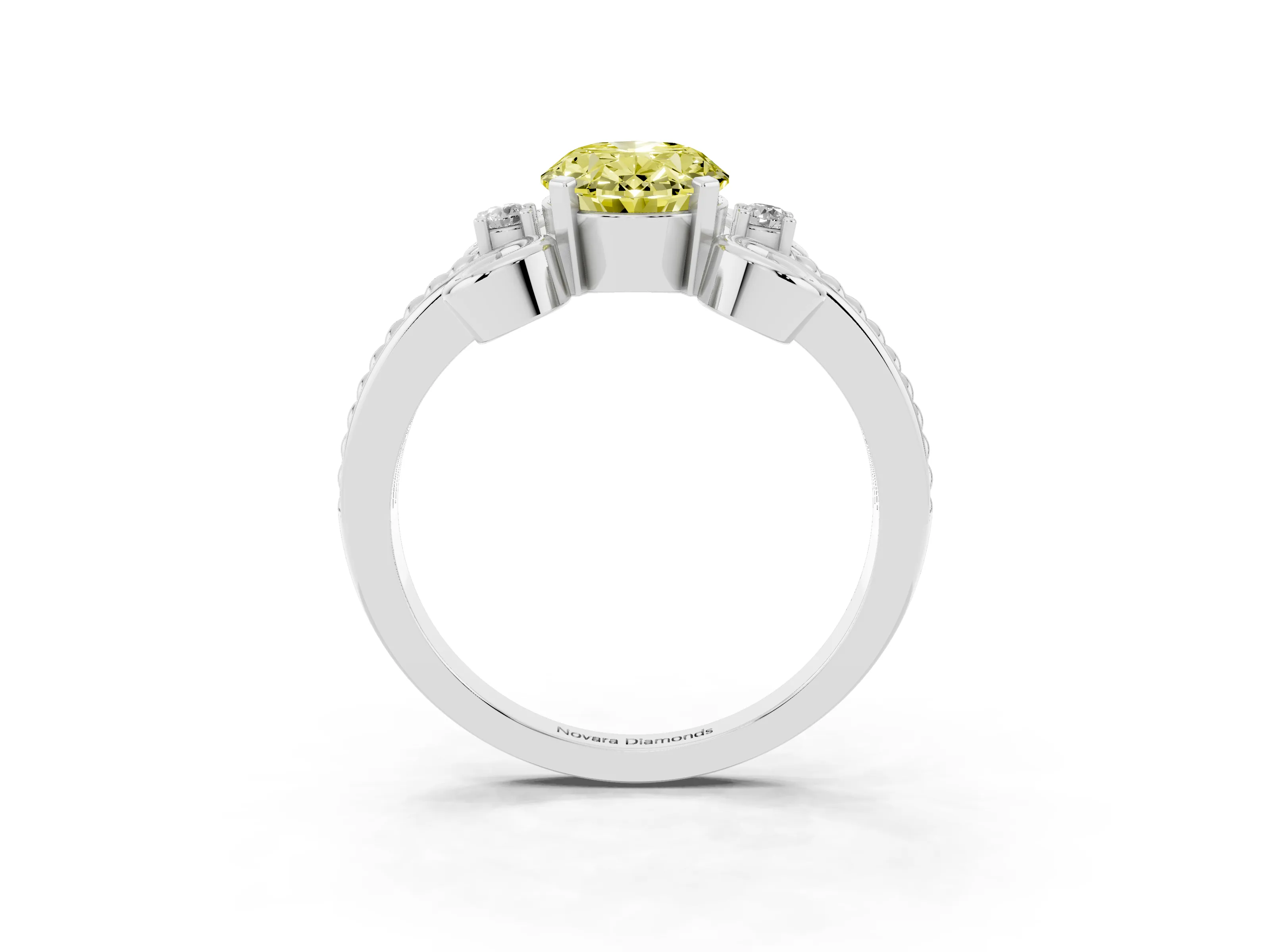 Fancy Yellow Oval Cut Diamond Twisted Band Solitaire Ring Set in Platinum with Scroll Prongs