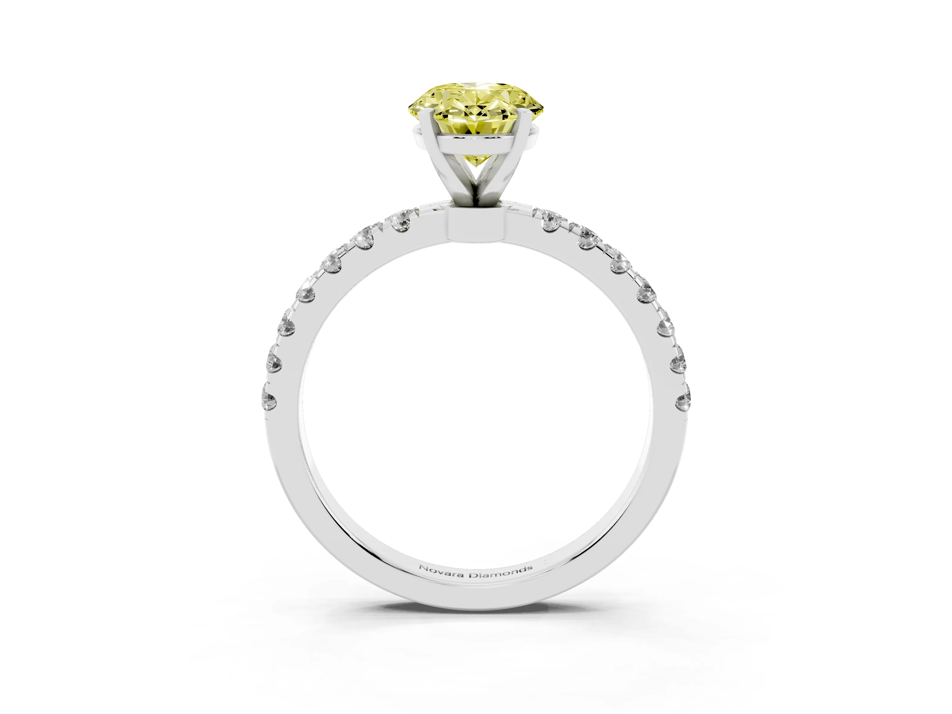 Fancy Yellow Oval Cut Diamond Solitaire Ring Set in Platinum with Pavé Accents and Prong Setting