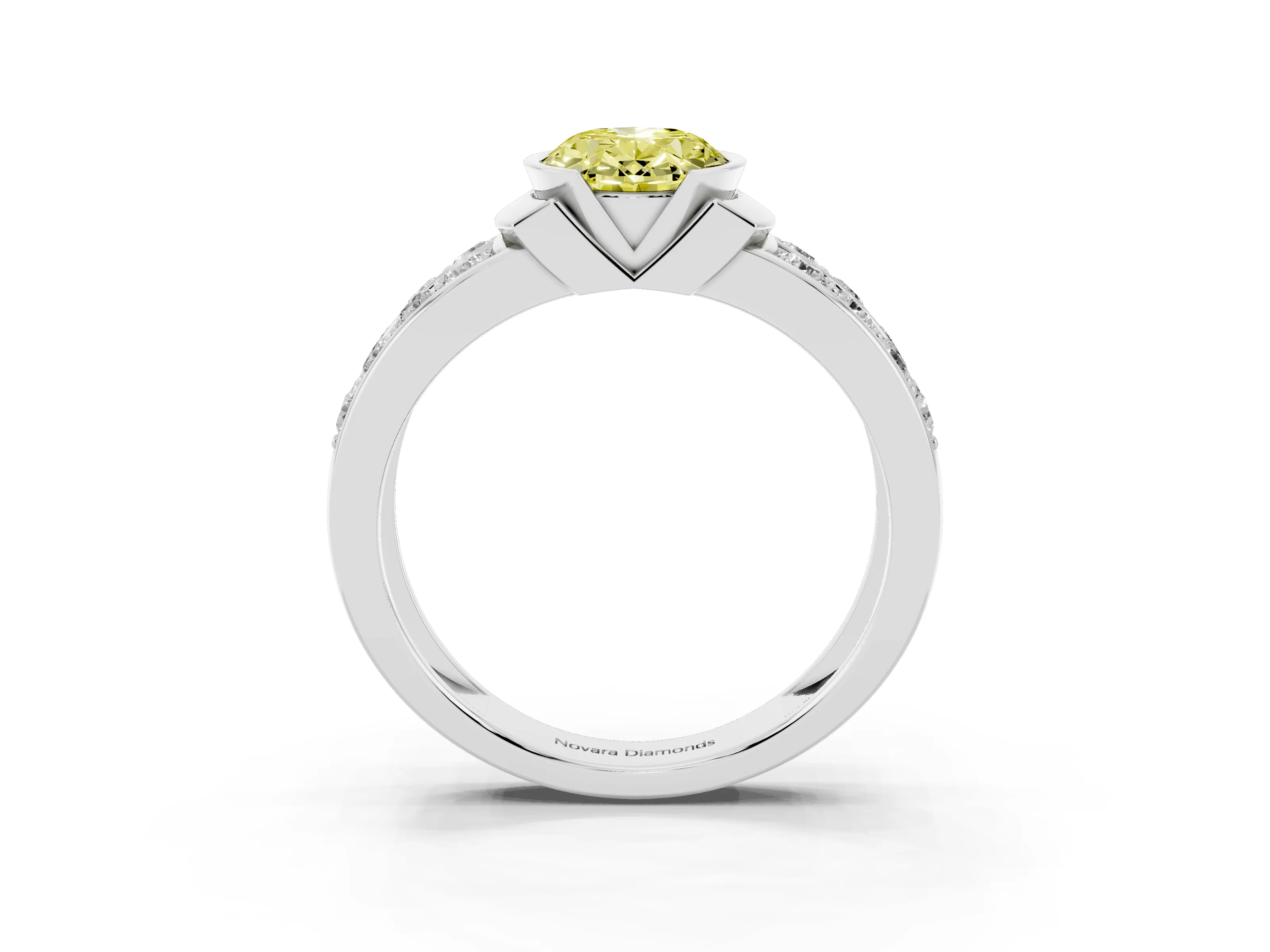Fancy Yellow Oval Cut Diamond Wide Channel Set Band Ring Set in Silver with Bezel Setting
