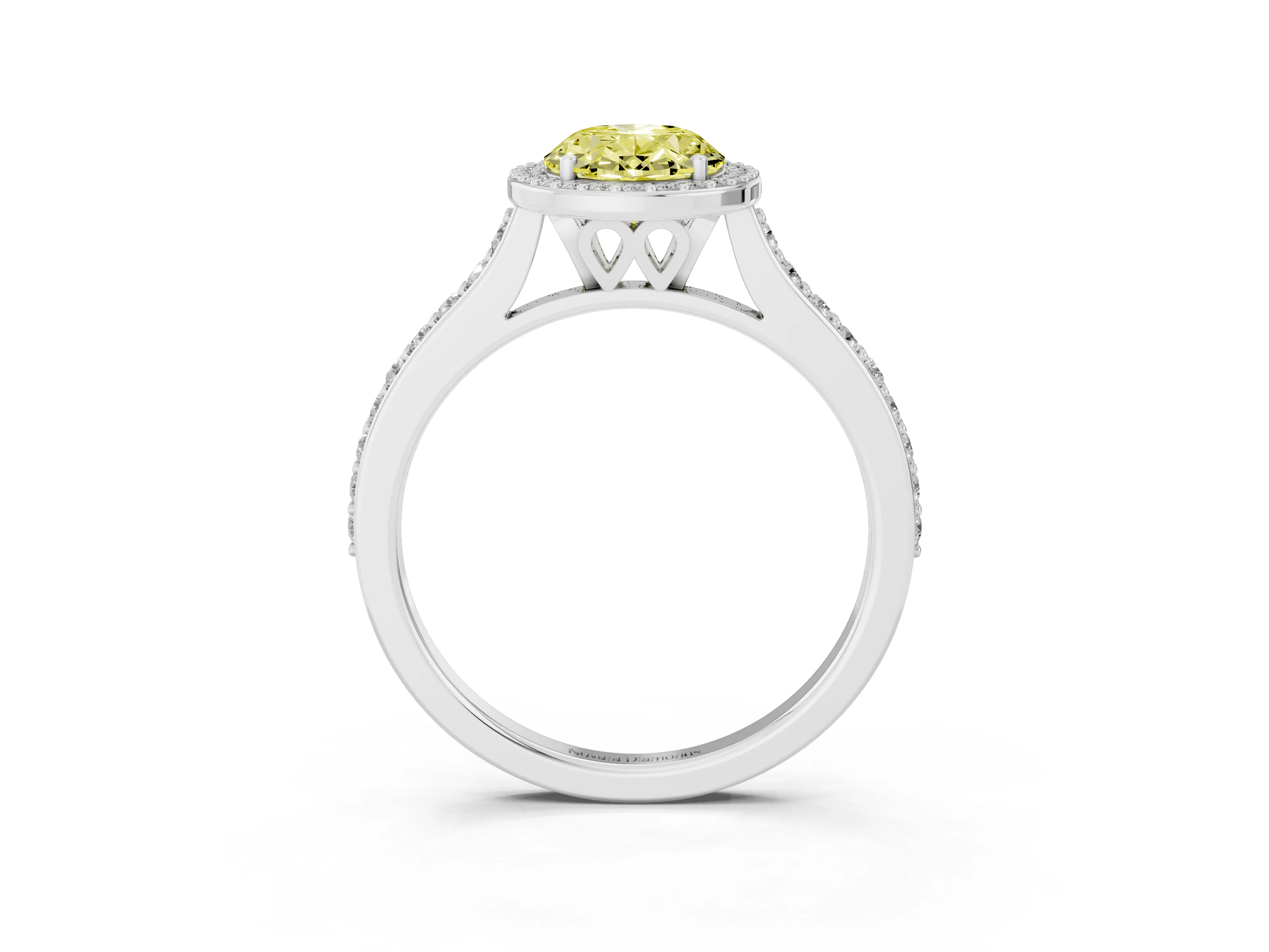 Fancy Yellow Oval Cut Diamond Halo Engagement Ring Set in Platinum with Round Pavé Shoulders and Heart Gallery