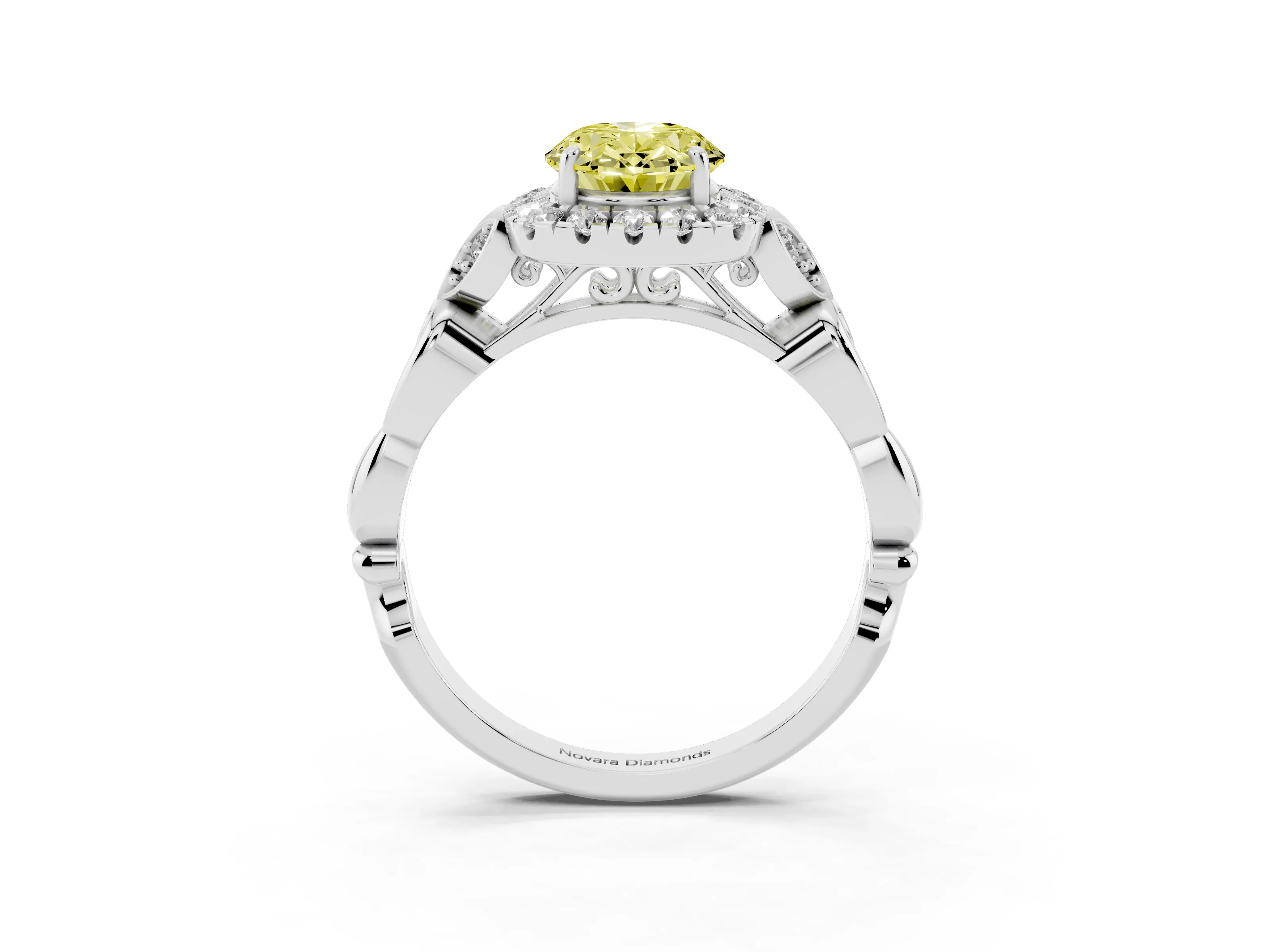 Fancy Yellow Oval Cut Diamond Halo Engagement Ring Set in White gold with Vintage-Inspired Band and Prong Setting