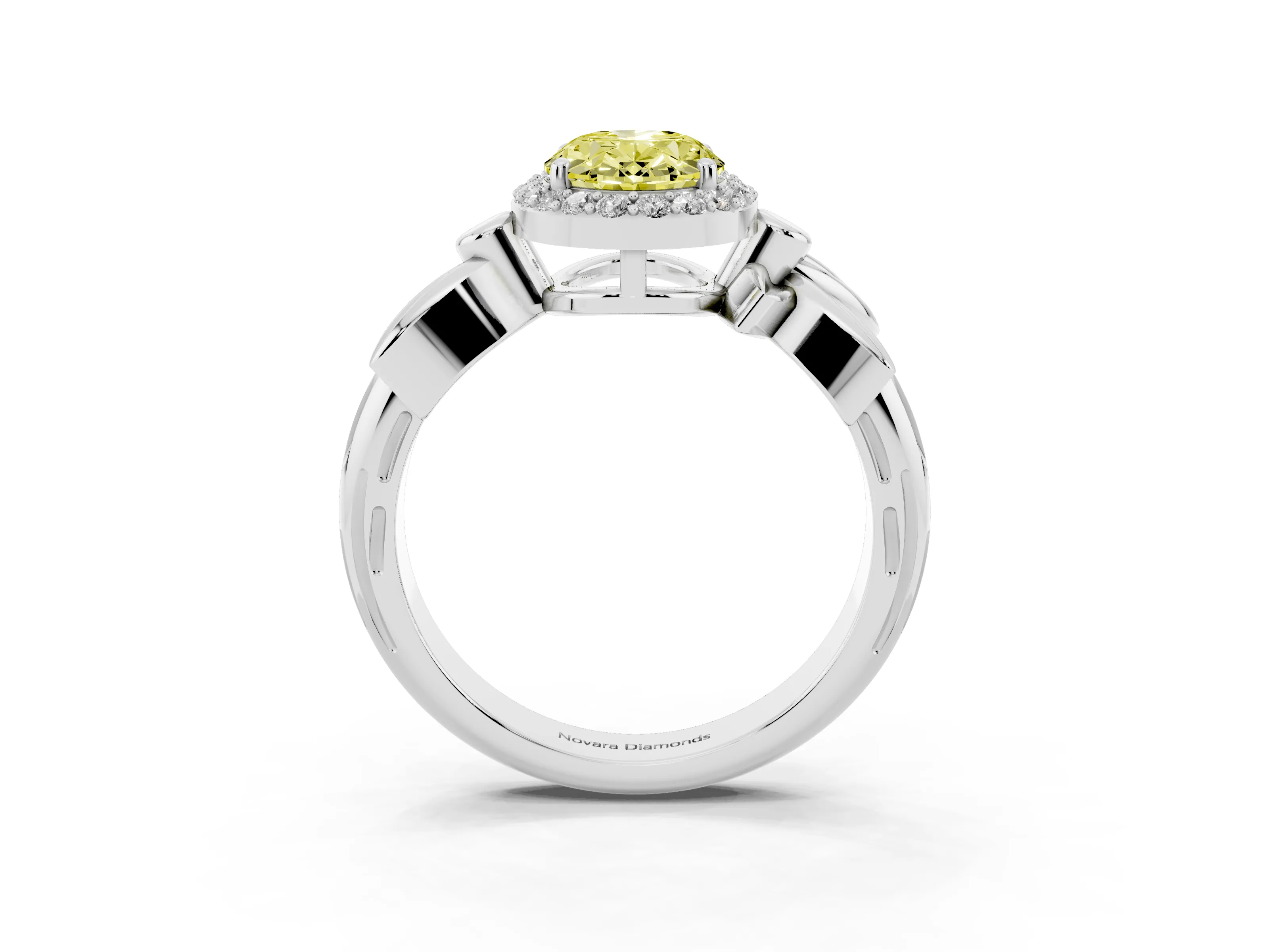 Fancy Yellow Oval Cut Diamond Halo Floral Band Ring Set in Silver with Prong Setting