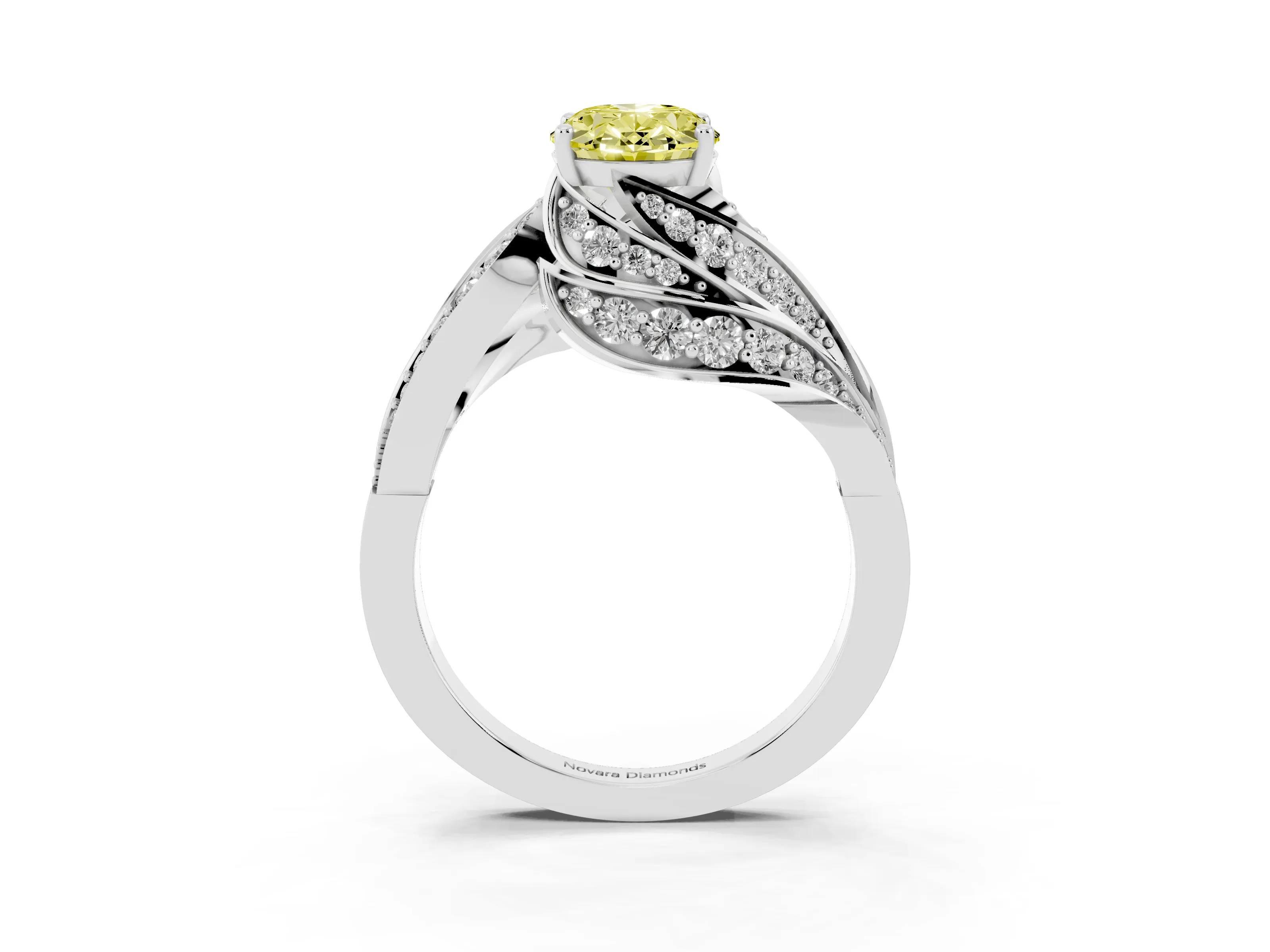 Fancy Yellow Oval Cut Diamond Solitaire Ring Set in Platinum with Layered Twist Pavé Band