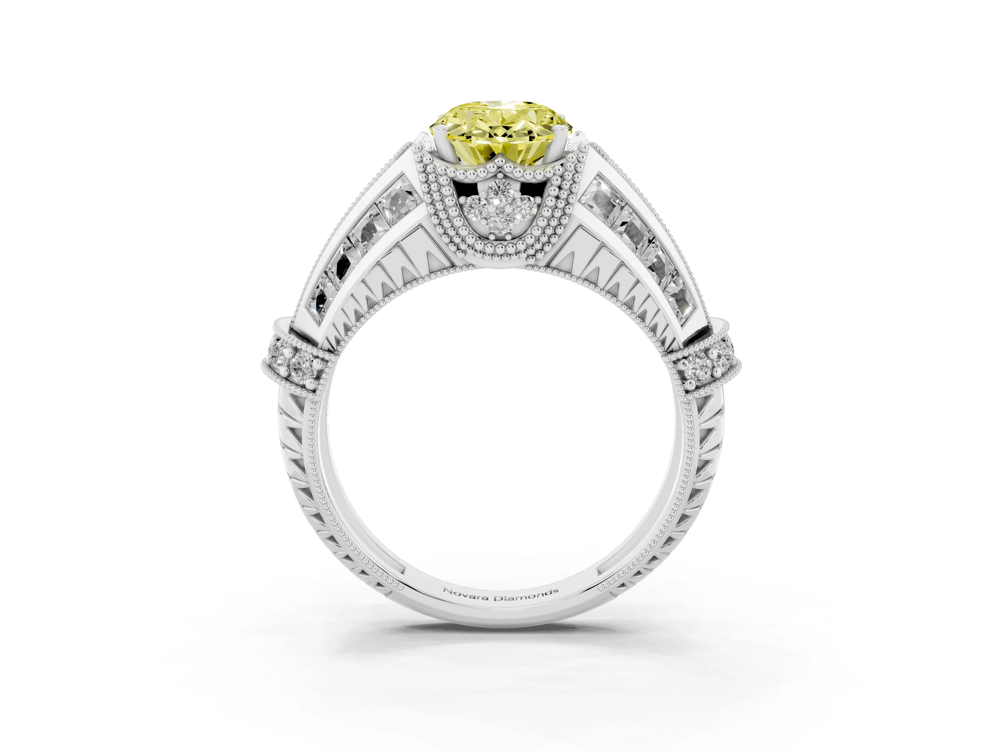 Fancy Yellow Oval Cut Diamond Vintage-Inspired Milgrain Ring Set in Silver with Accent Split Shank