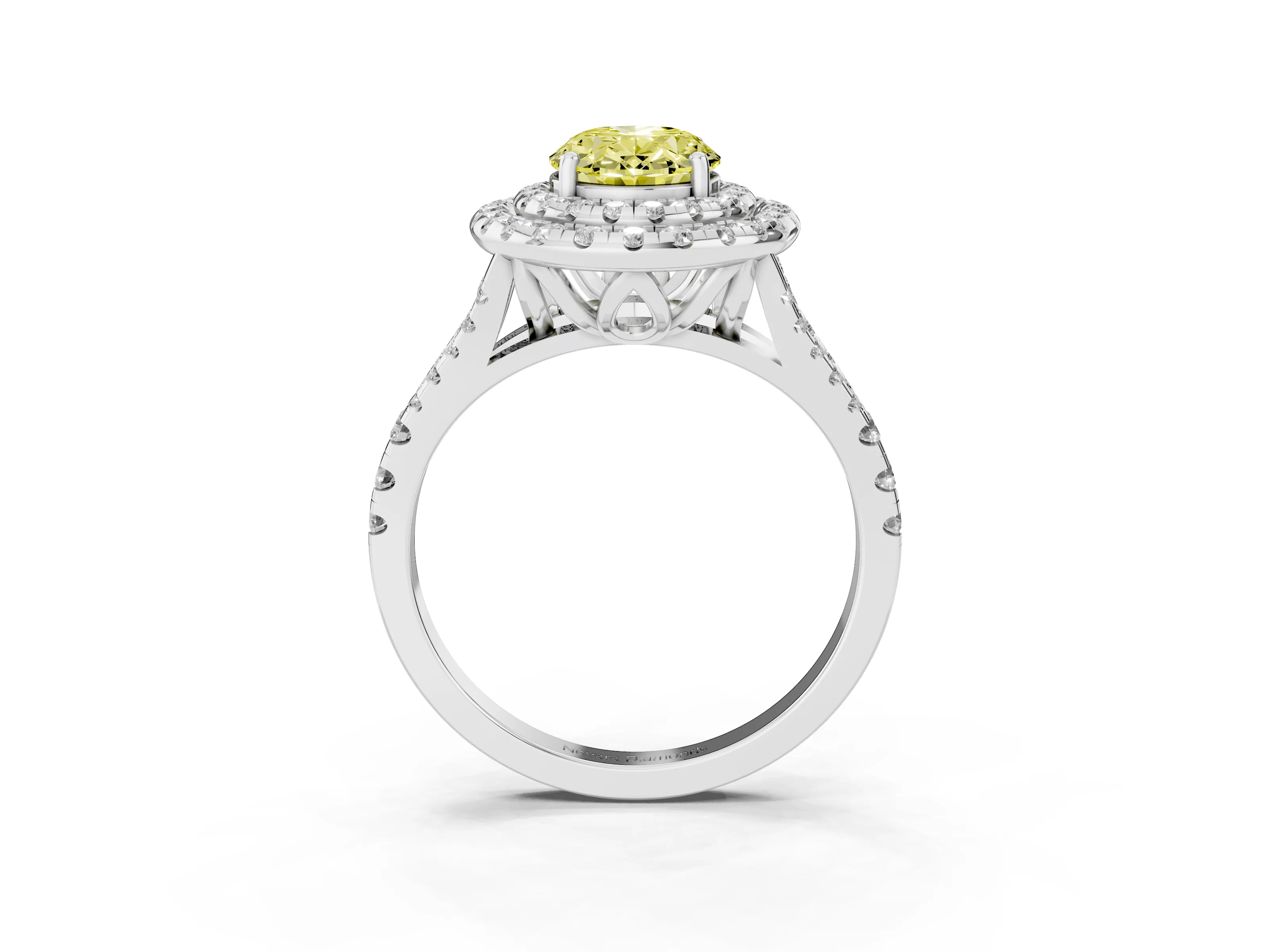 Fancy Yellow Oval Cut Diamond Double Halo Ring Set in White gold with Pavé Split Shank and Prong Setting