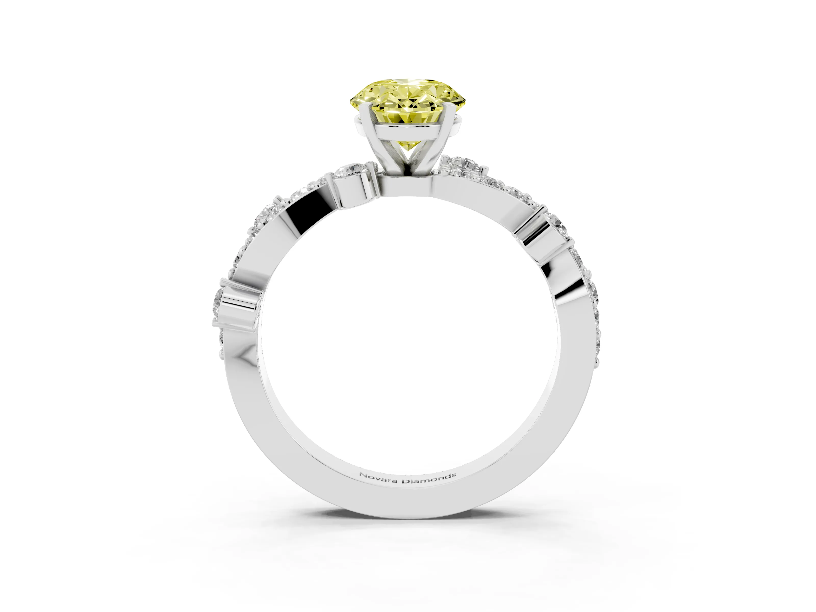 Fancy Yellow Oval Cut Diamond Solitaire Twisted Band Set in White gold with Pavé Setting