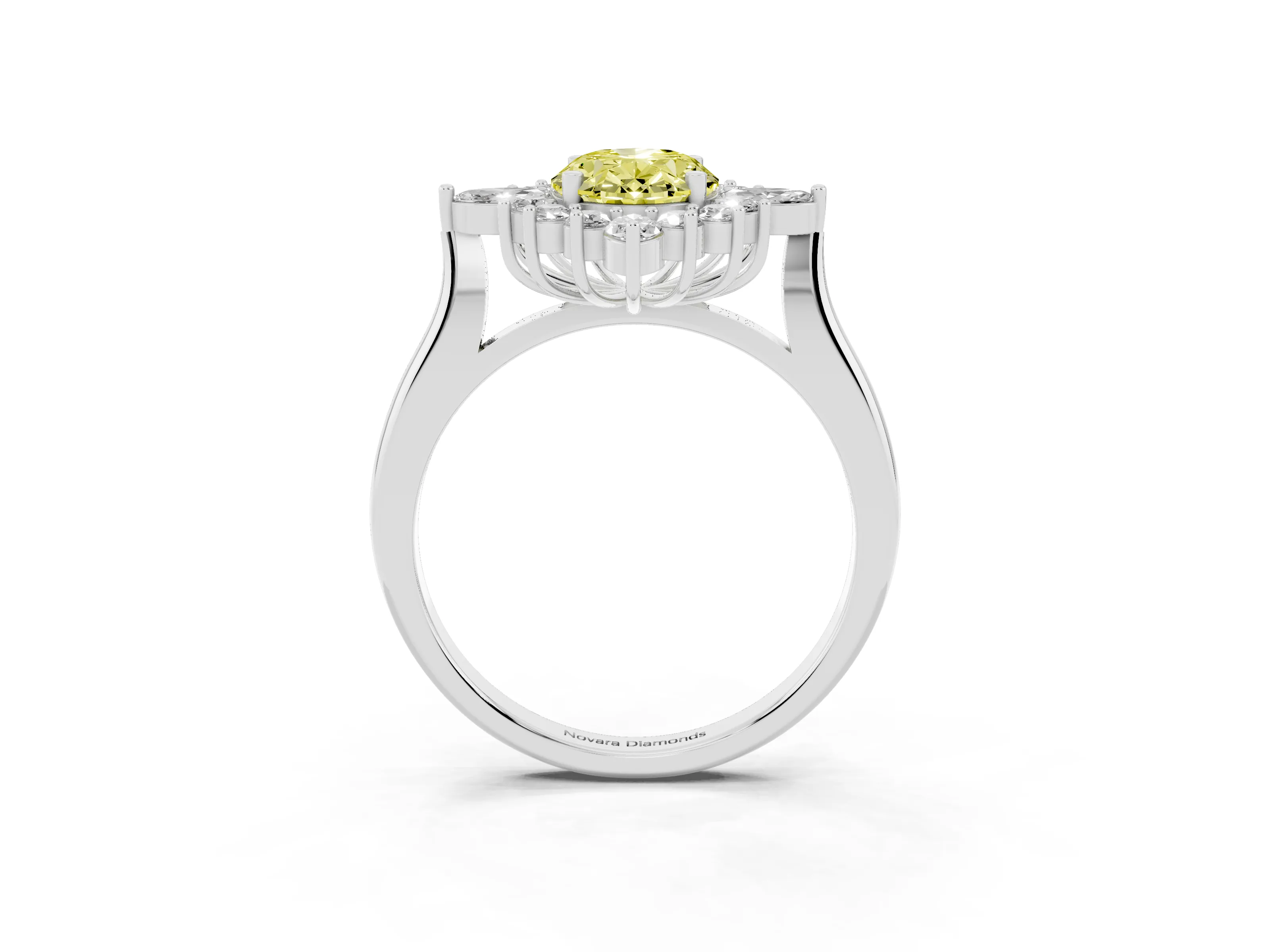 Fancy Yellow Oval Cut Diamond Cluster Halo Ring Set in White gold with Marquise and Round Accents