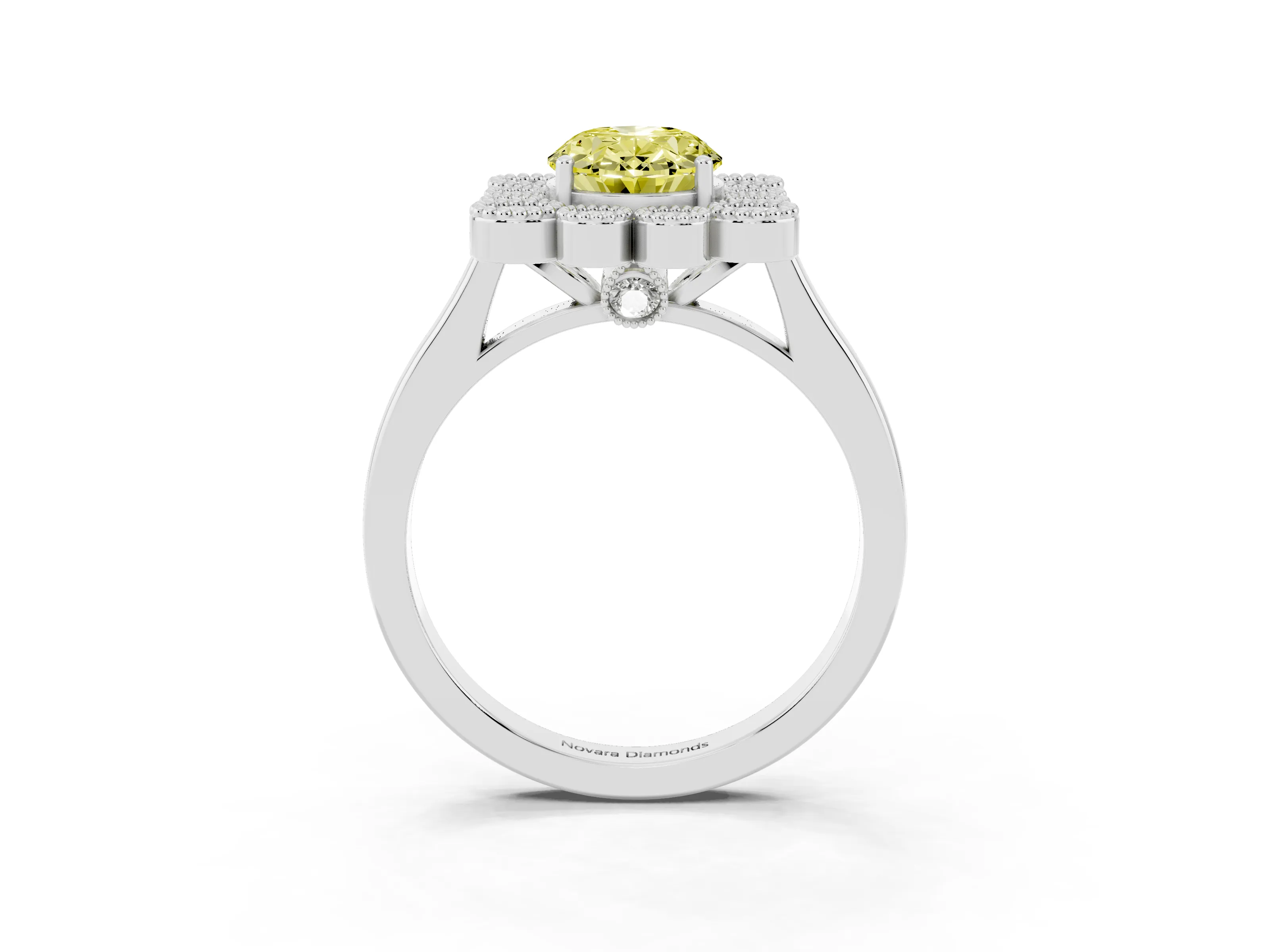 Fancy Yellow Oval Cut Diamond Cluster Halo Ring Set in White gold with Milgrain Bezel Accents and Plain Band