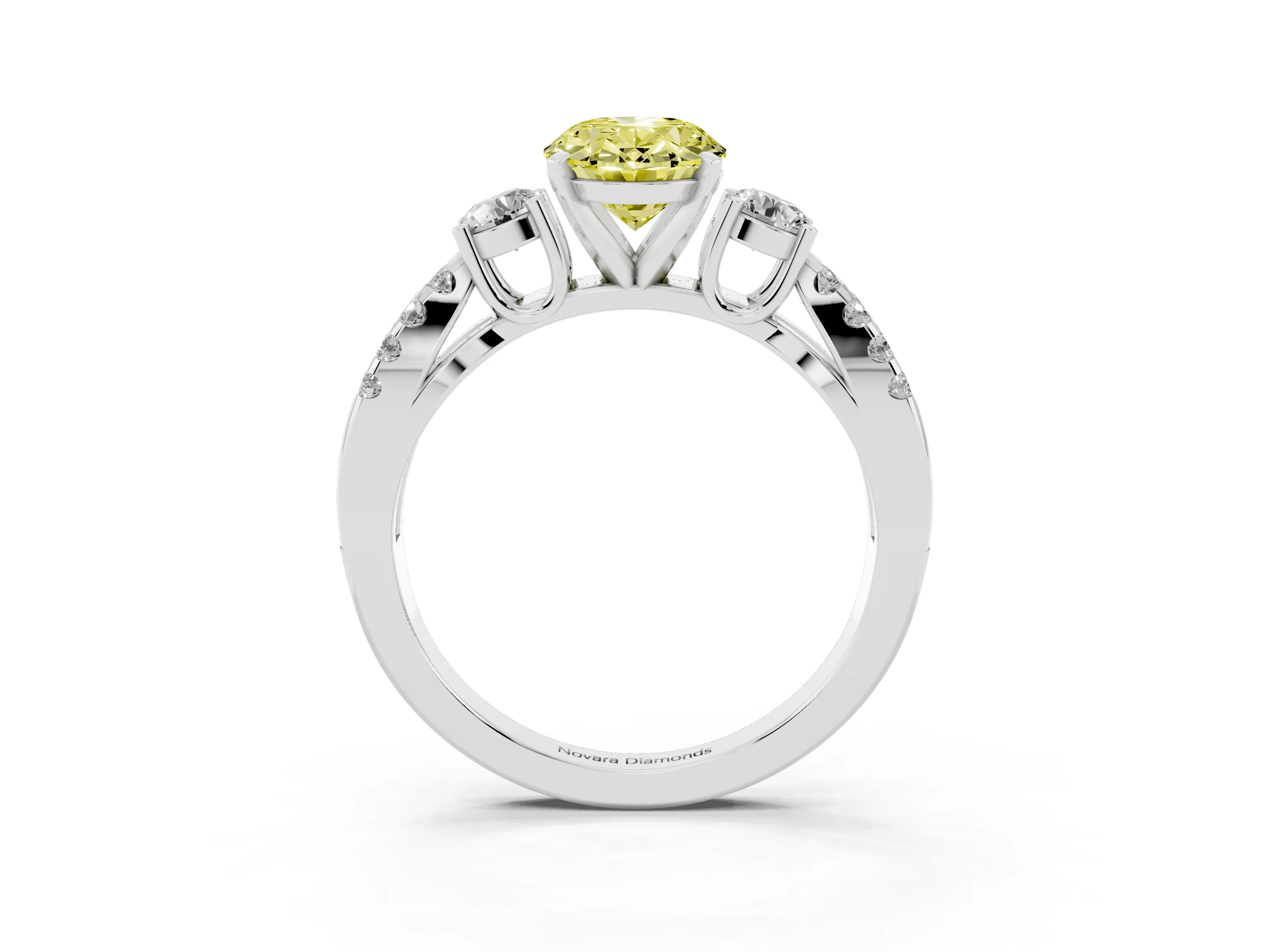 Fancy Yellow Oval Cut Diamond Three-Stone Ring Set in White gold with Pavé Split Shank and Prong Setting