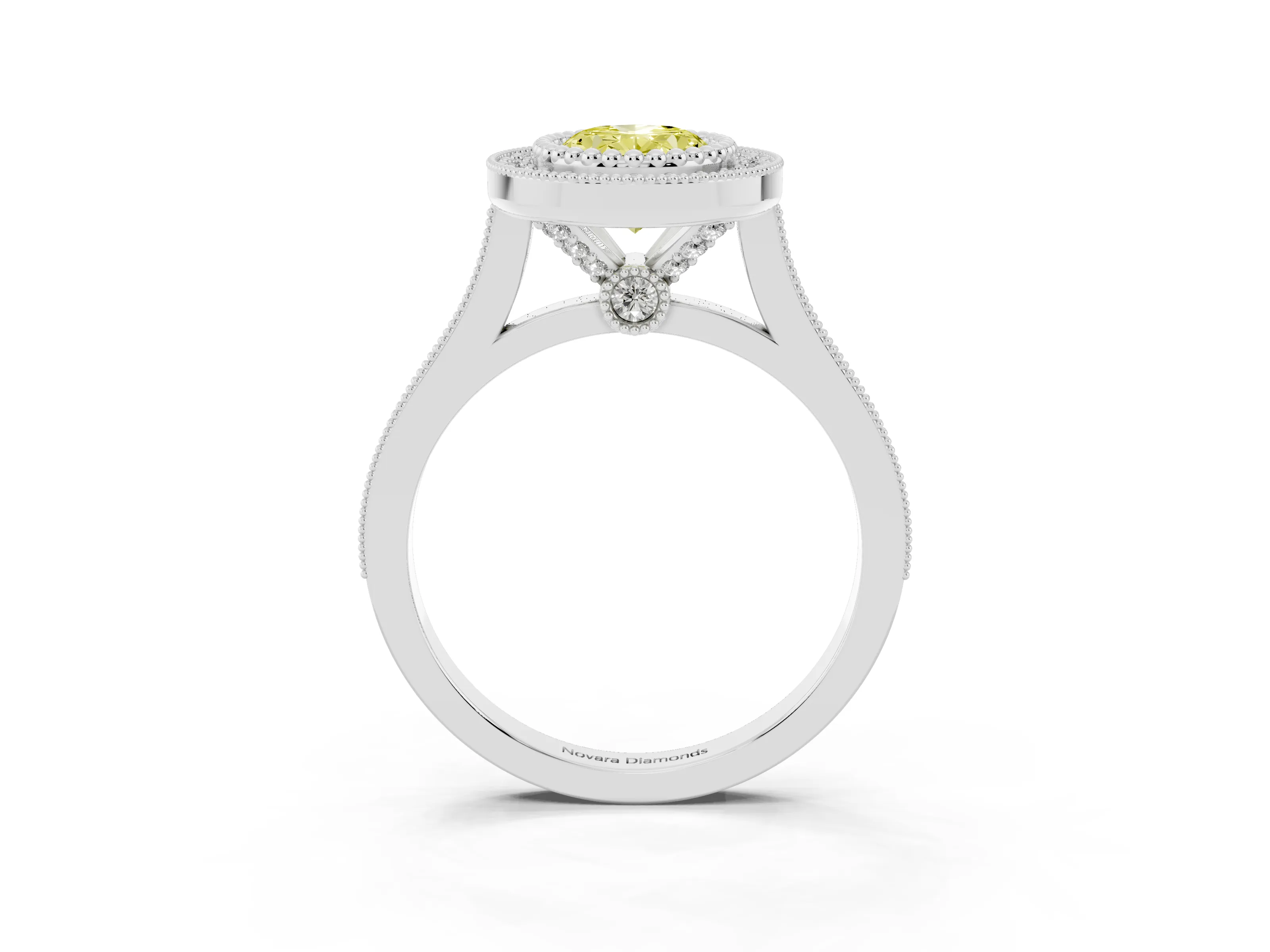 Fancy Yellow Oval Cut Diamond Halo Ring Set in Silver with Milgrain Frame and Pavé Band