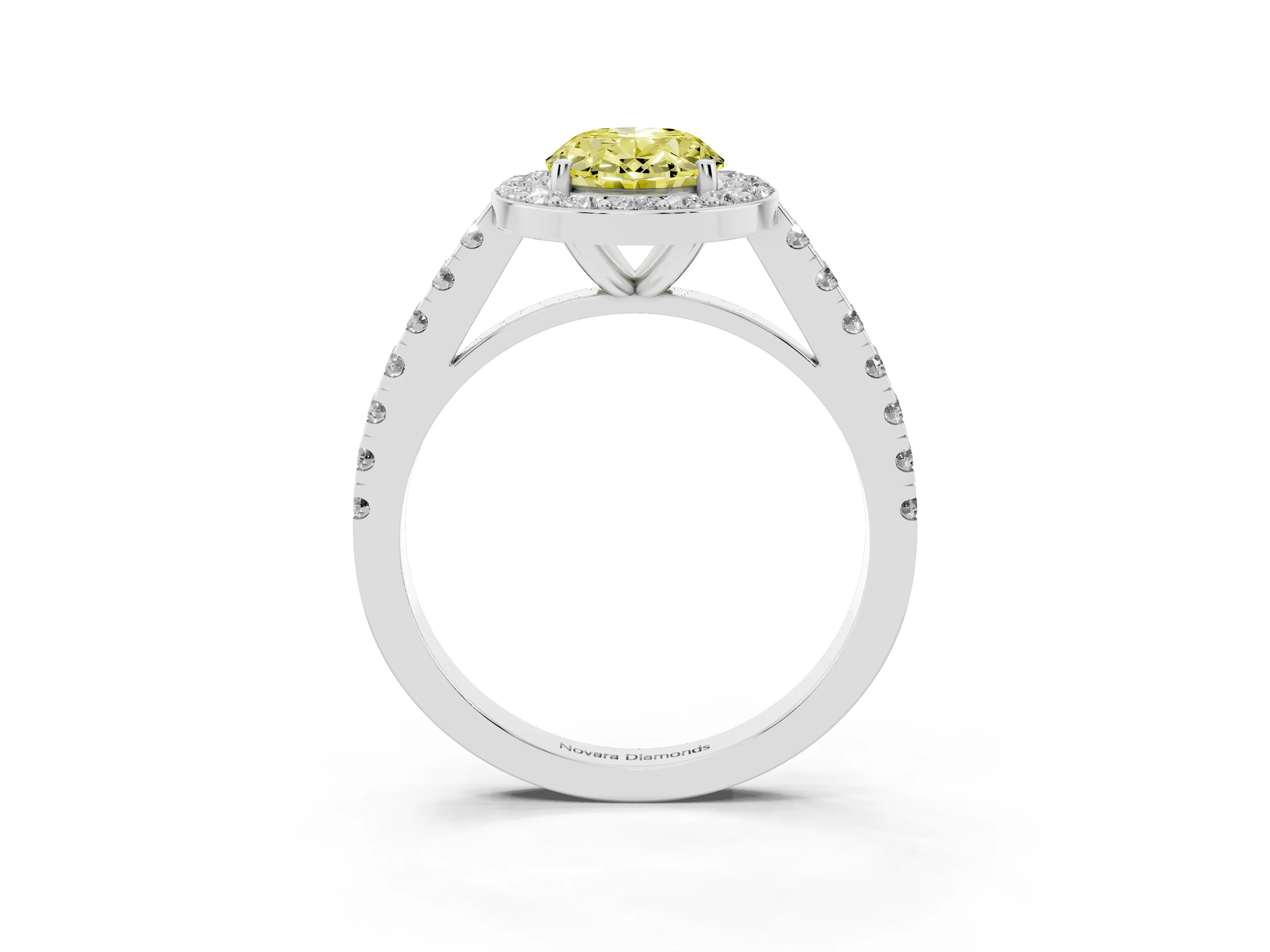 Fancy Yellow Oval Cut Diamond Halo Ring Set in Silver with Round Pavé Split Shank and Prong Setting
