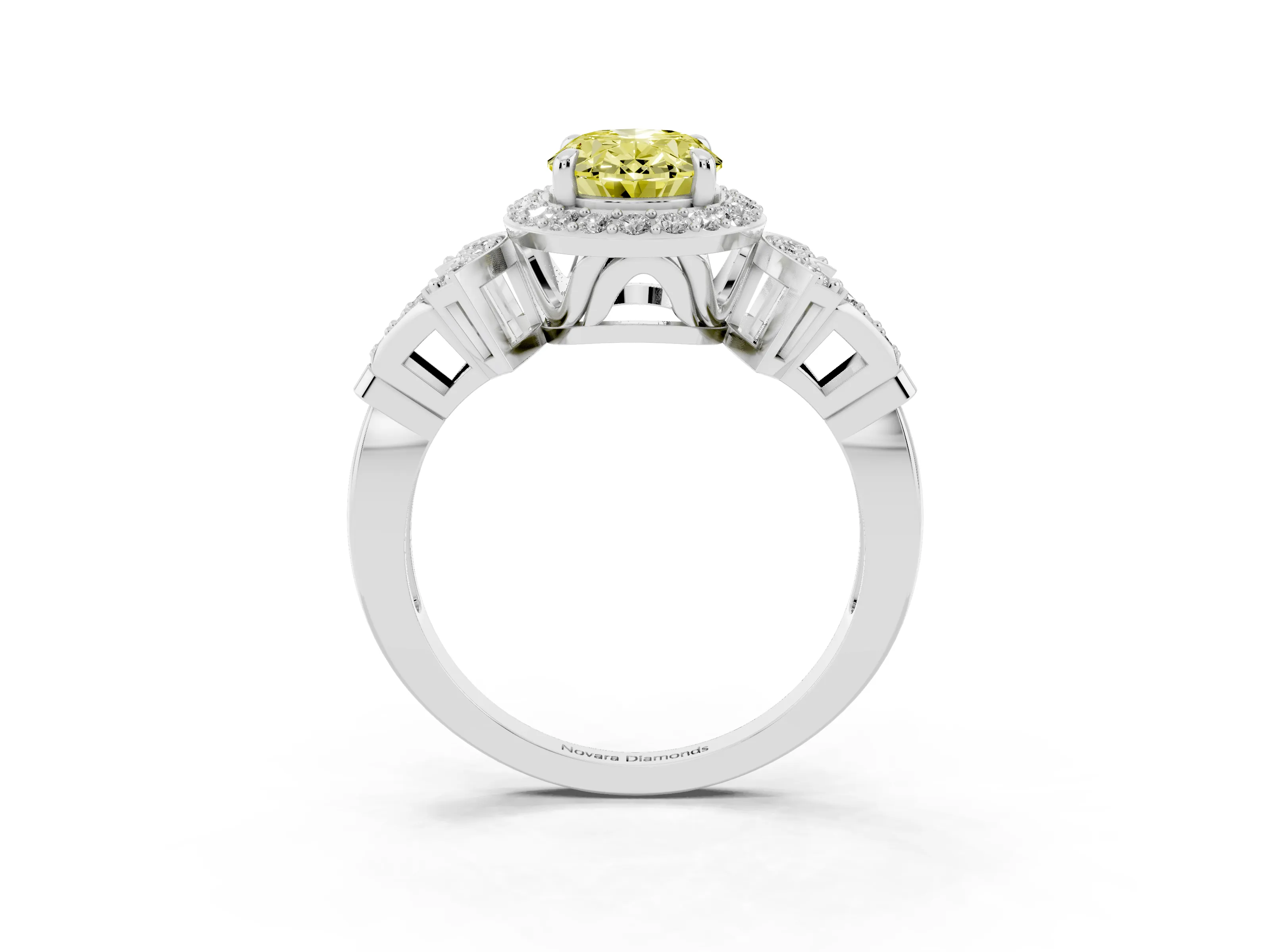 Fancy Yellow Oval Cut Diamond Halo Engagement Ring Set in Platinum with Accent Stone Split Shank