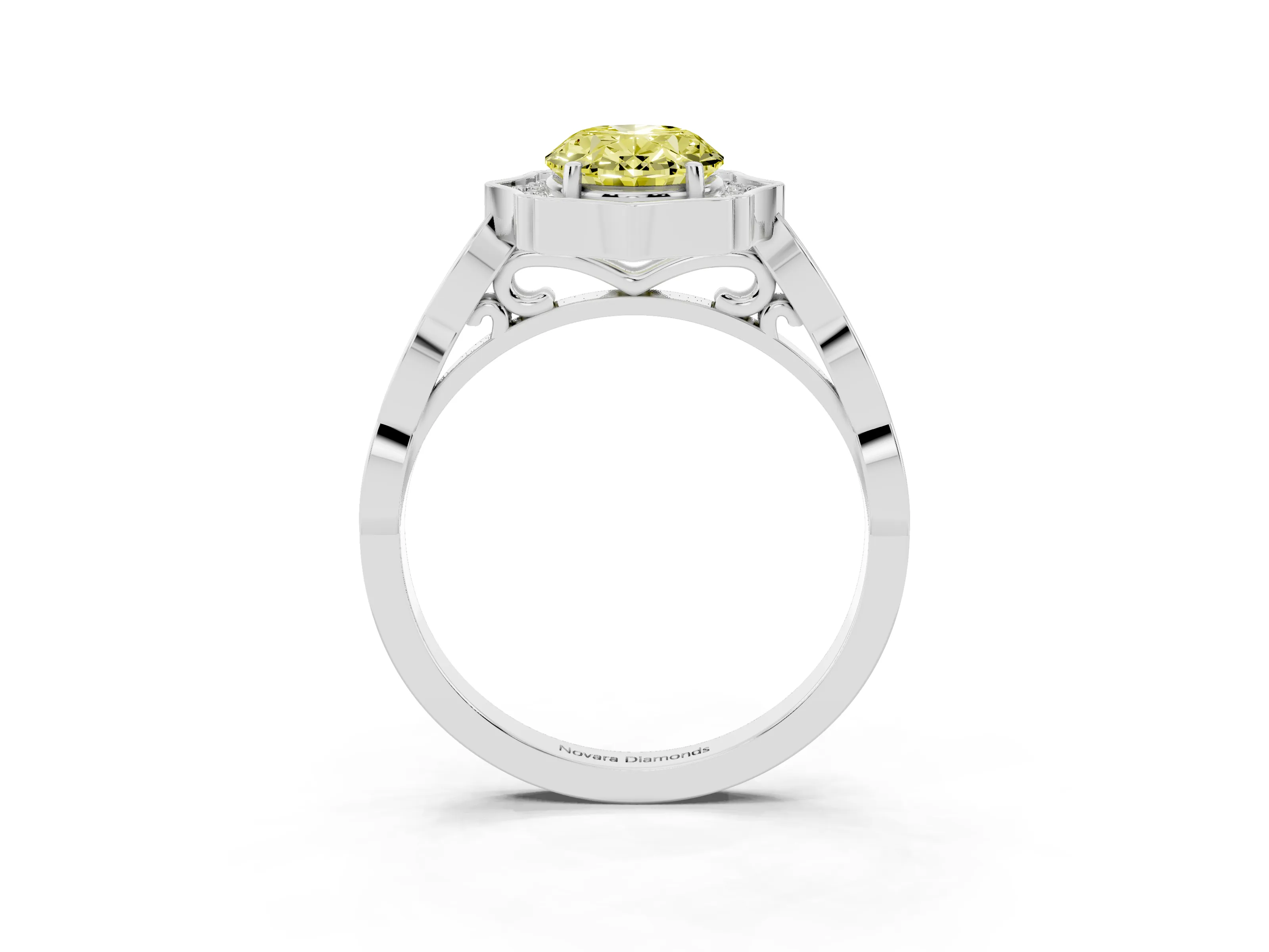 Fancy Yellow Oval Cut Diamond Halo Engagement Ring Set in White gold with Milgrain Band and Prong Setting