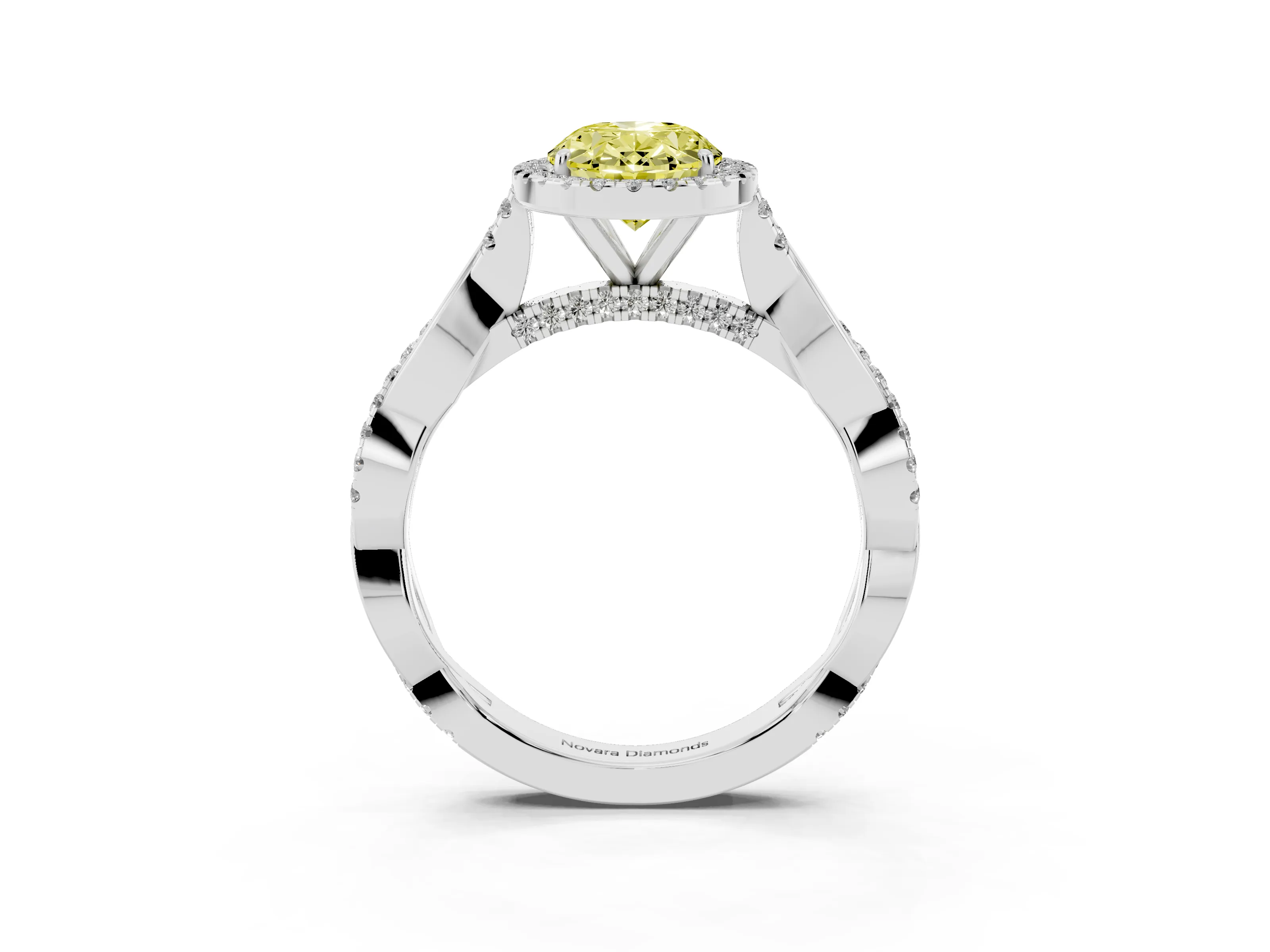 Fancy Yellow Oval Cut Diamond Halo Twist Band Solitaire Ring Set in Platinum with Prong Setting