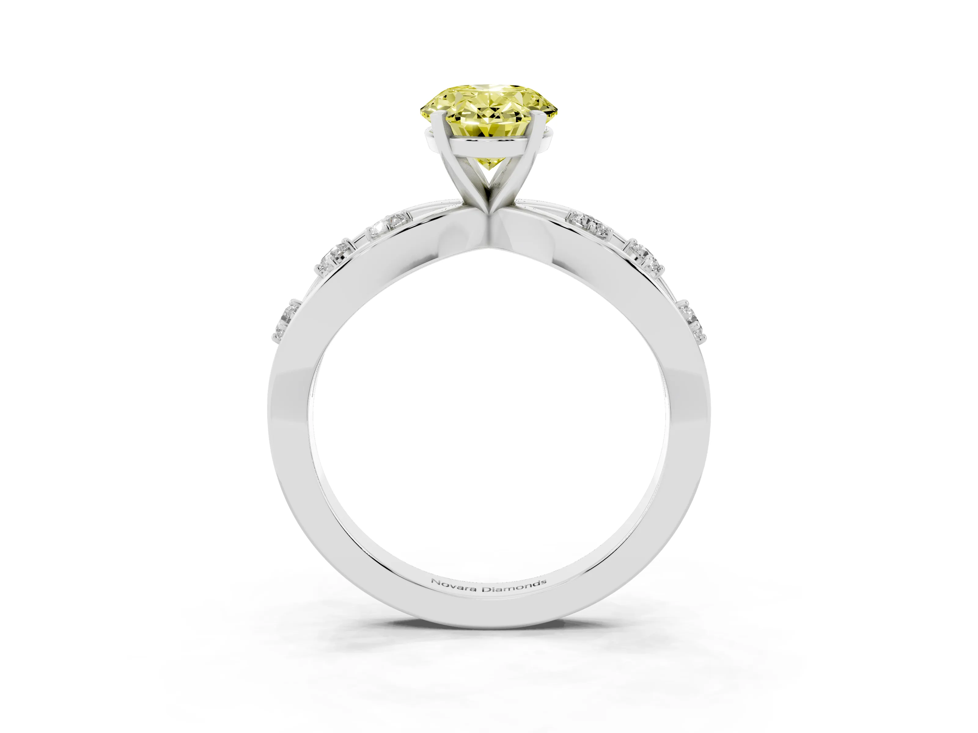 Fancy Yellow Oval Cut Diamond Solitaire Ring Set in White gold with Side Stones on Criss-Cross Band and Prong Setting