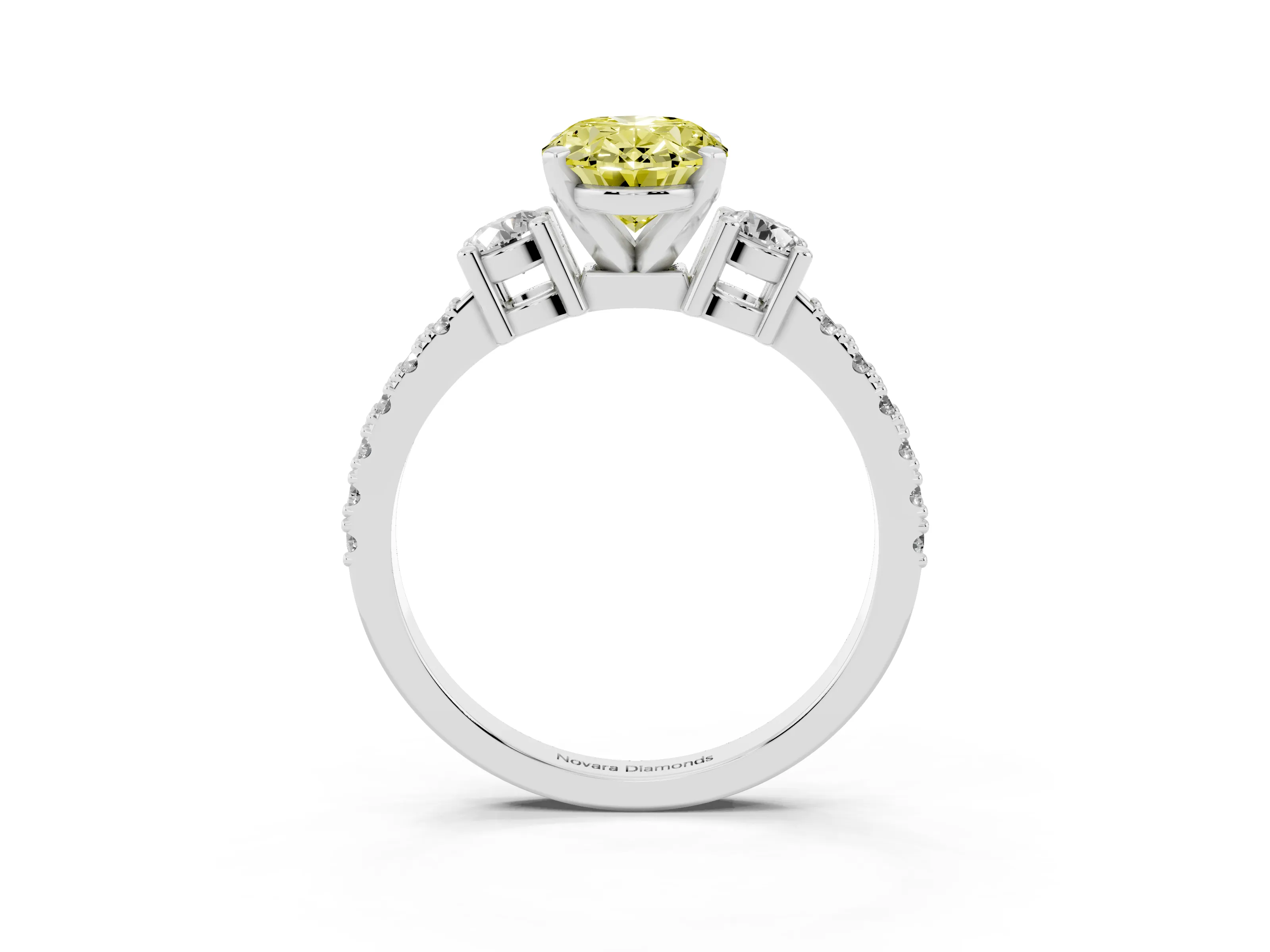 Fancy Yellow Three-Stone Oval Cut Diamond Pavé Band Ring Set in White gold with Prong Setting