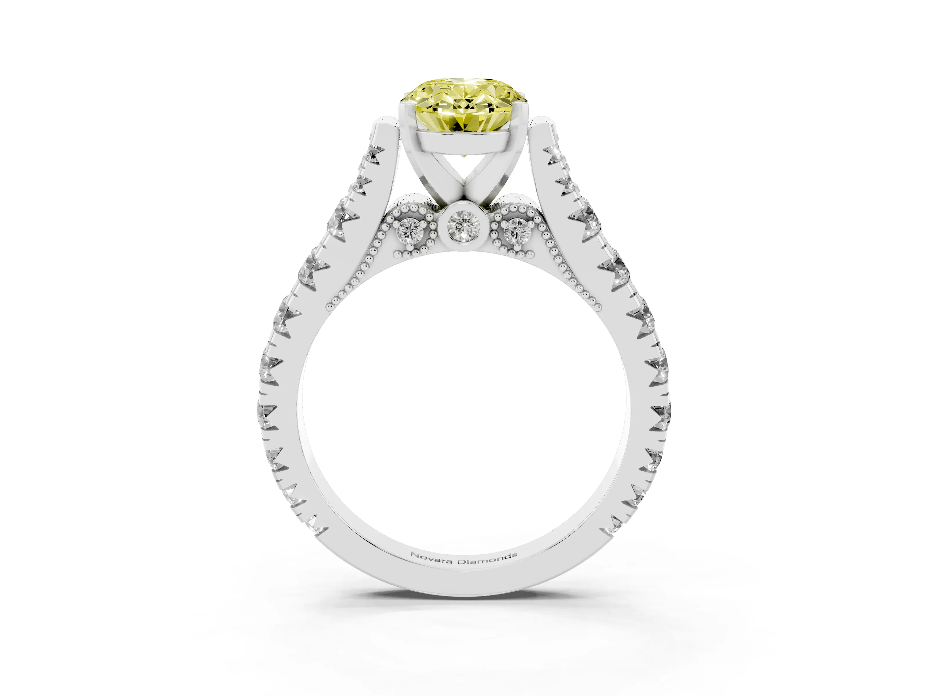 Fancy Yellow Oval Cut Diamond Classic Solitaire Ring Set in Platinum with Pavé Band and Prong Setting