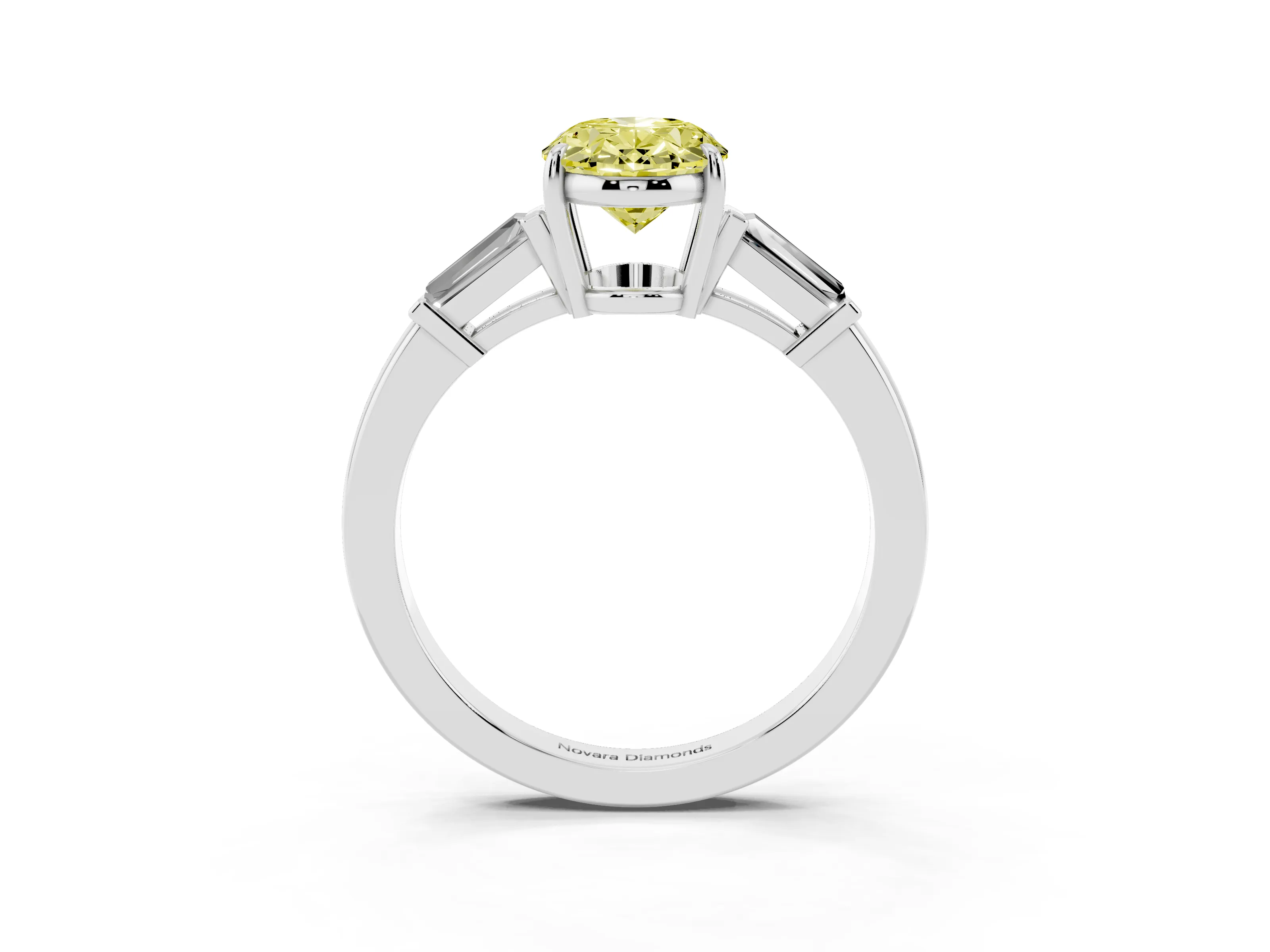 Fancy Yellow Oval Cut Diamond Three-Stone Ring Set in Silver with Tapered Baguette Side Stones and Prong Setting