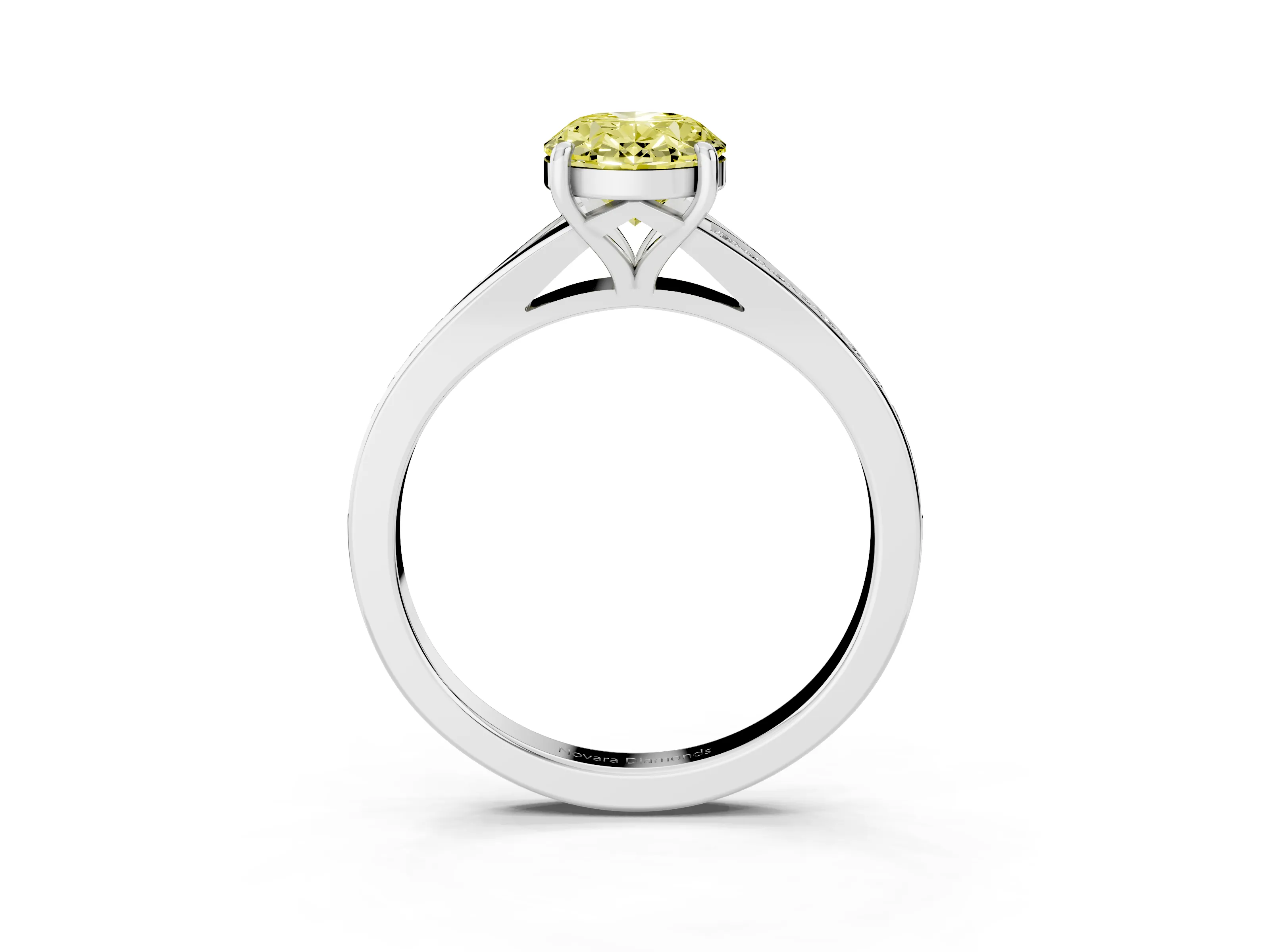 Fancy Yellow Oval Cut Diamond Solitaire Ring Set in White gold with Pavé Accent Band and Classic Prong Setting
