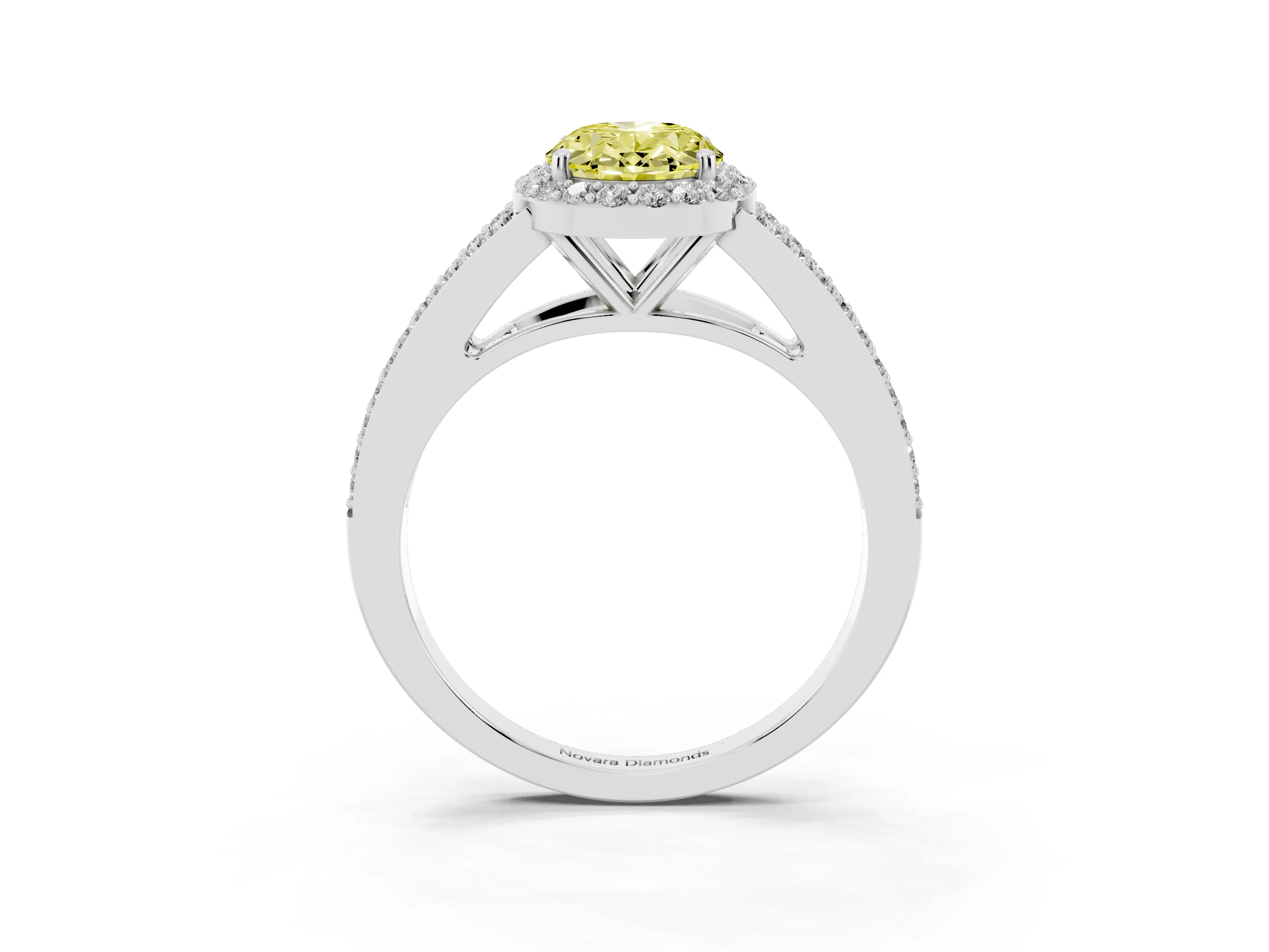 Fancy Yellow Oval Cut Diamond Halo Split Shank Ring Set in White gold with Accent Stones and Prong Setting