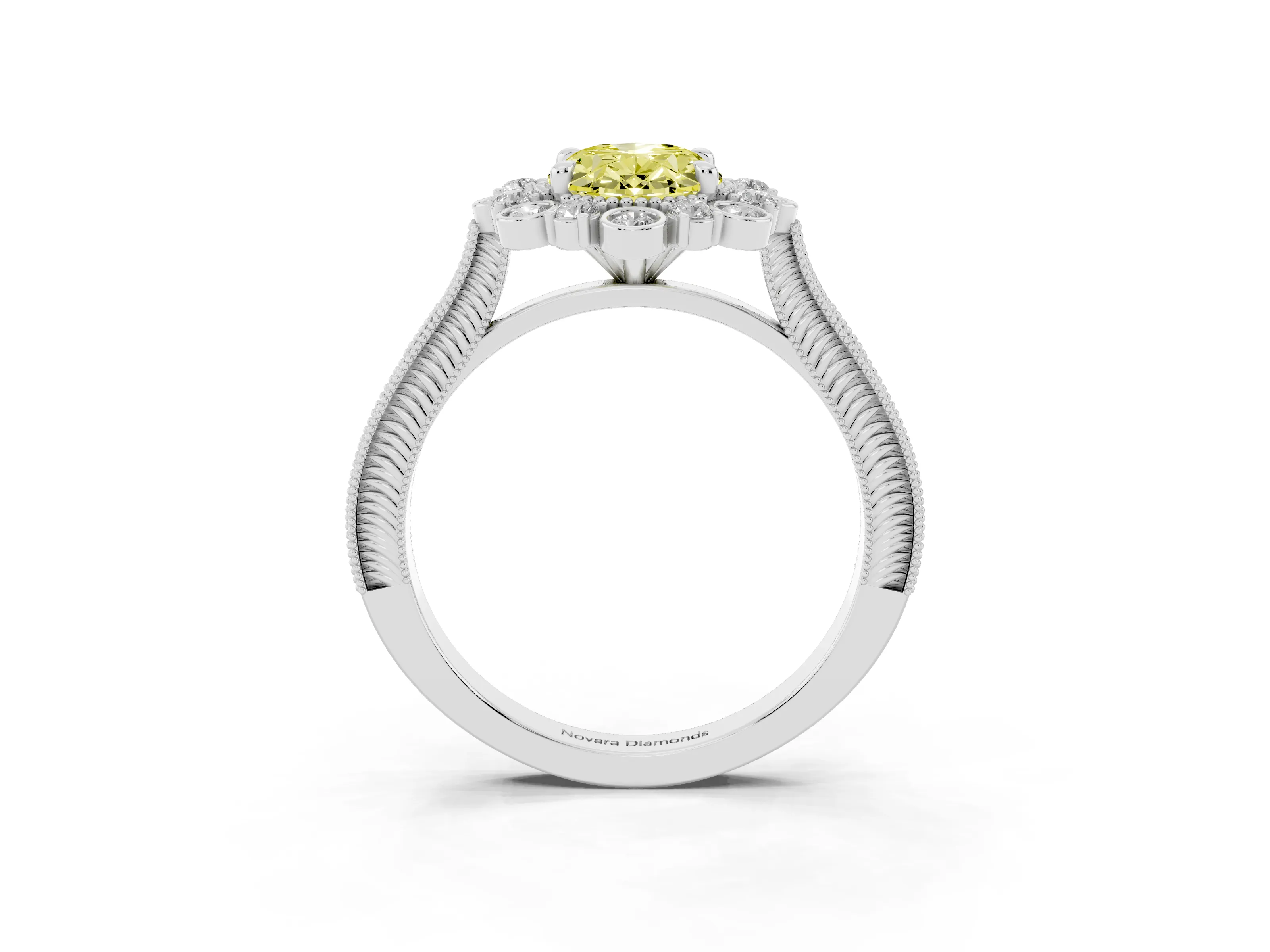 Fancy Yellow Oval Cut Diamond Halo Milgrain Pavé Ring Set in Platinum with Prong Setting