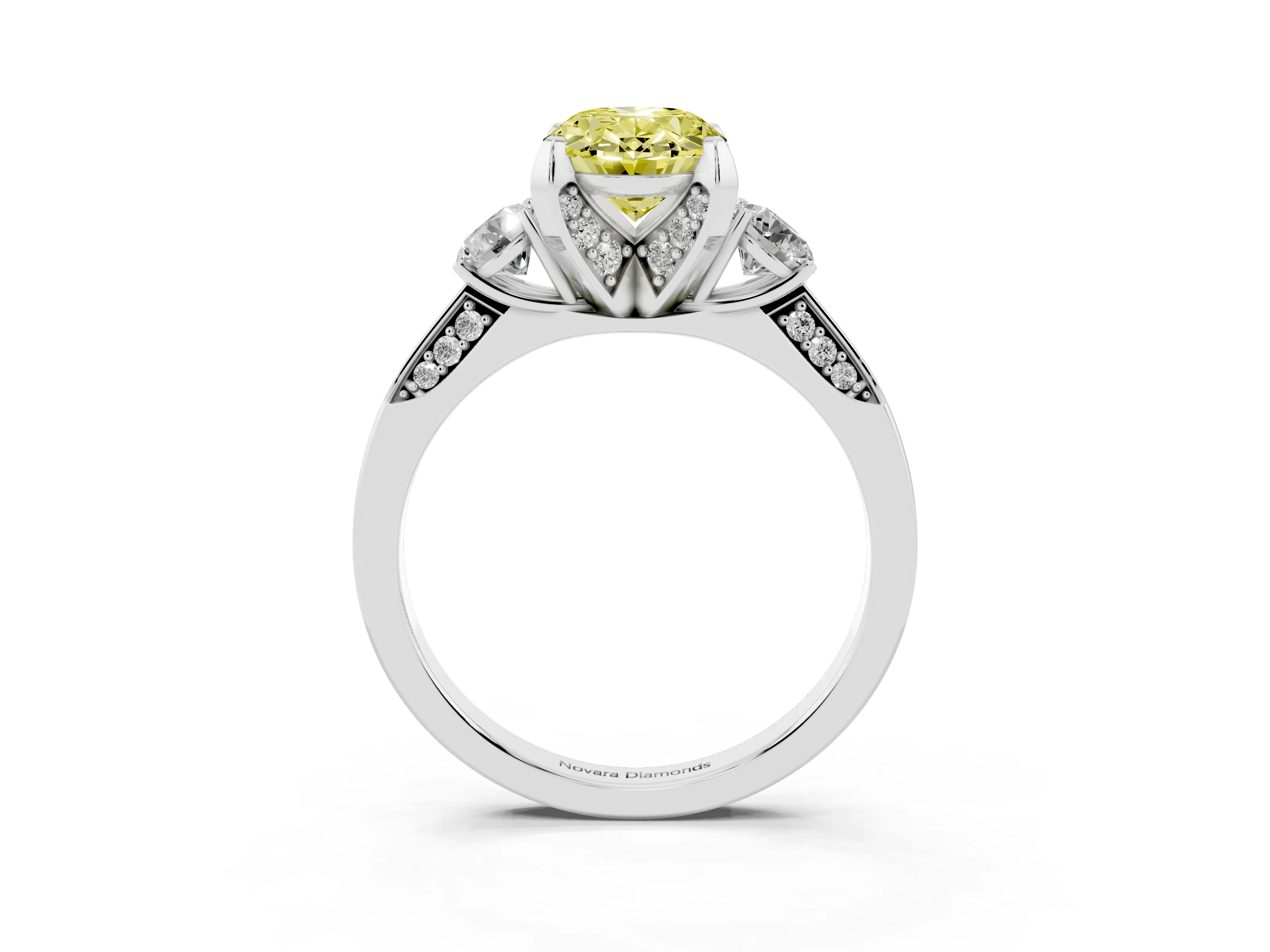 Fancy Yellow Oval Cut Diamond Three-Stone Ring Set in Silver with Pavé Band and Smaller Side Stones