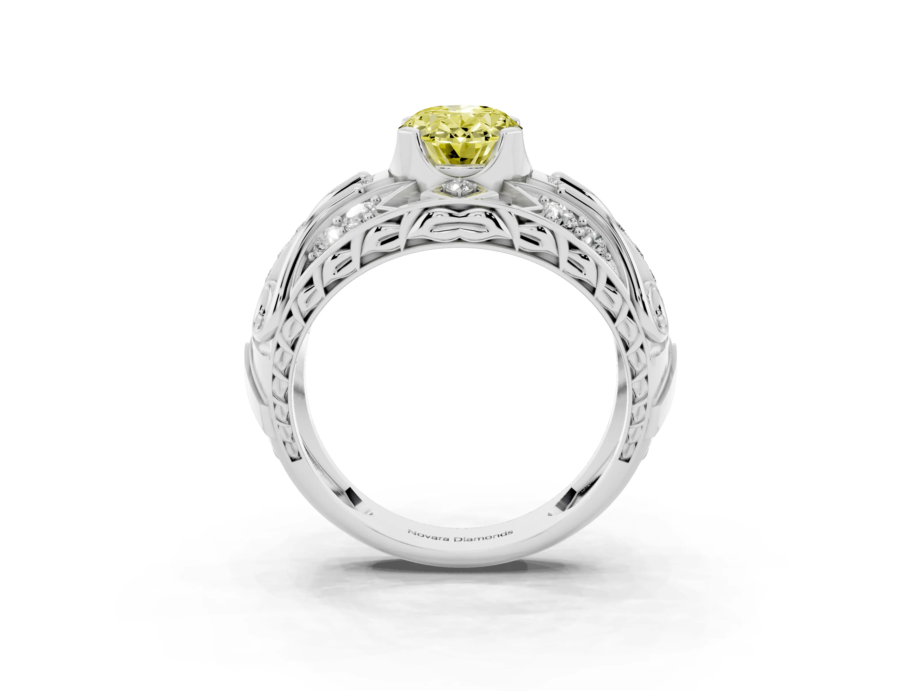 Fancy Yellow Oval Cut Diamond Art Deco Ring Set in Platinum with Pavé Split Shank