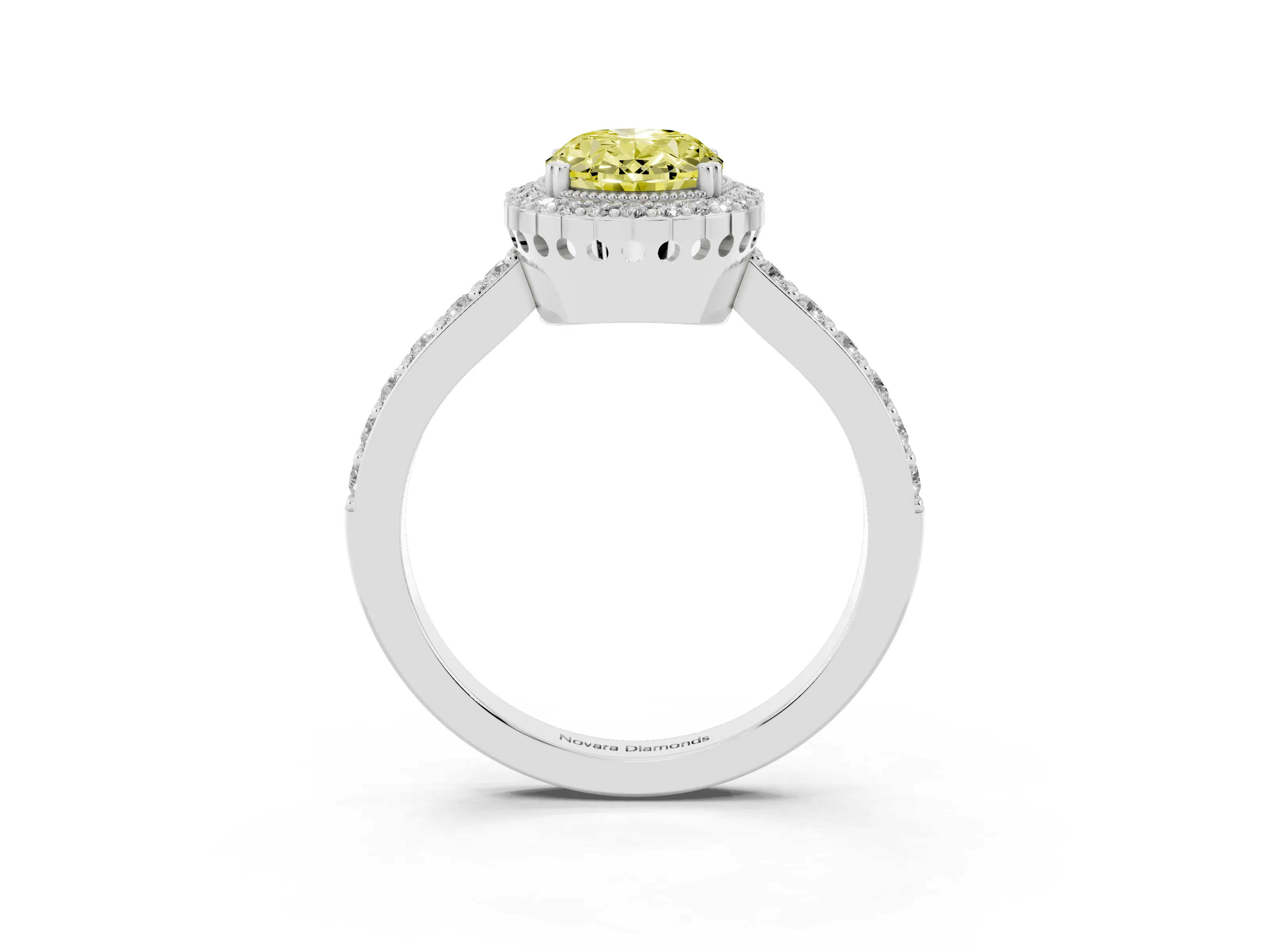 Fancy Yellow Oval Cut Diamond Halo Engagement Ring Set in Platinum with Milgrain Detail and Pavé Band