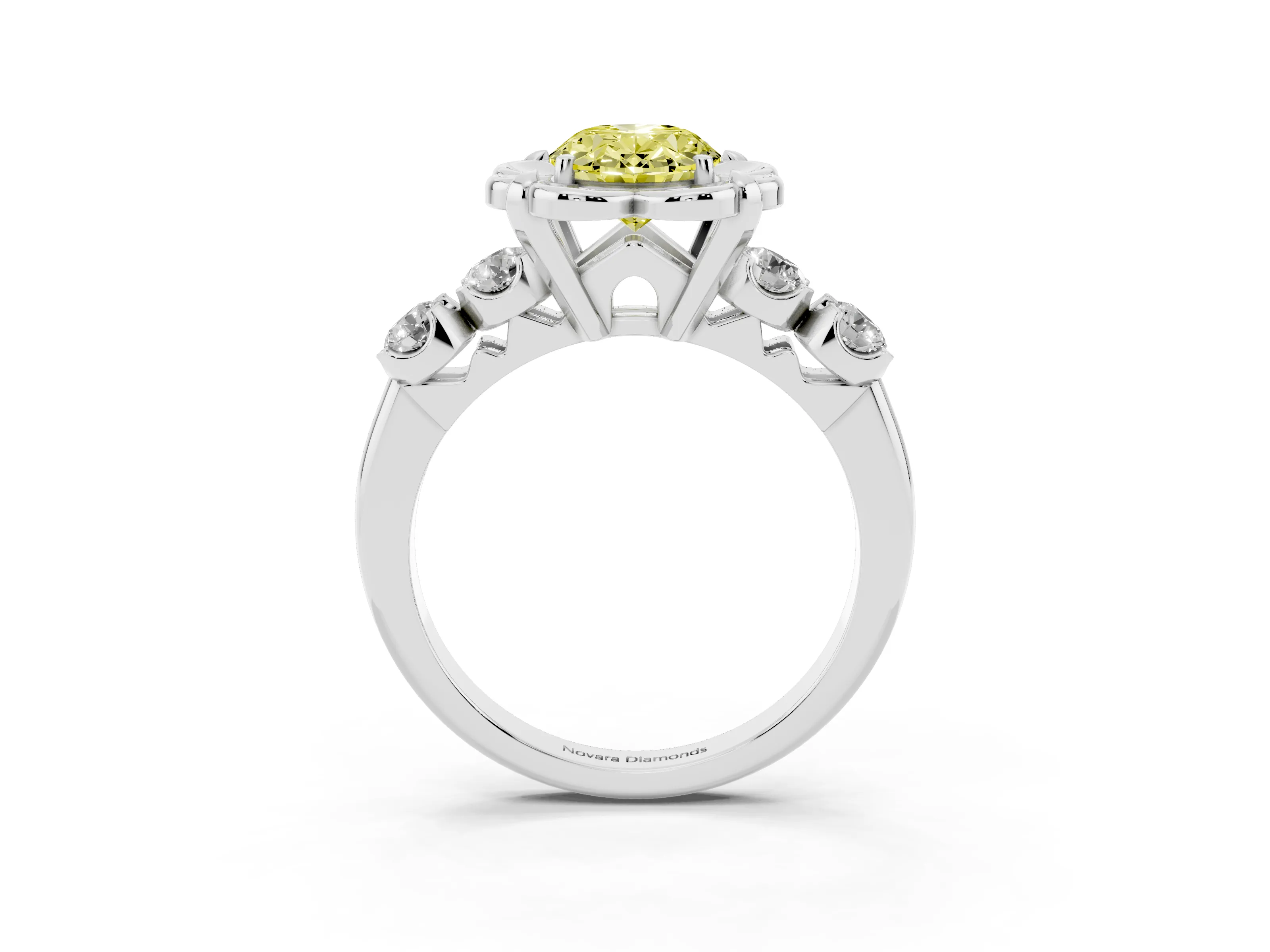 Fancy Yellow Oval Cut Diamond Floral Halo Ring Set in Platinum with Shared Prong Band