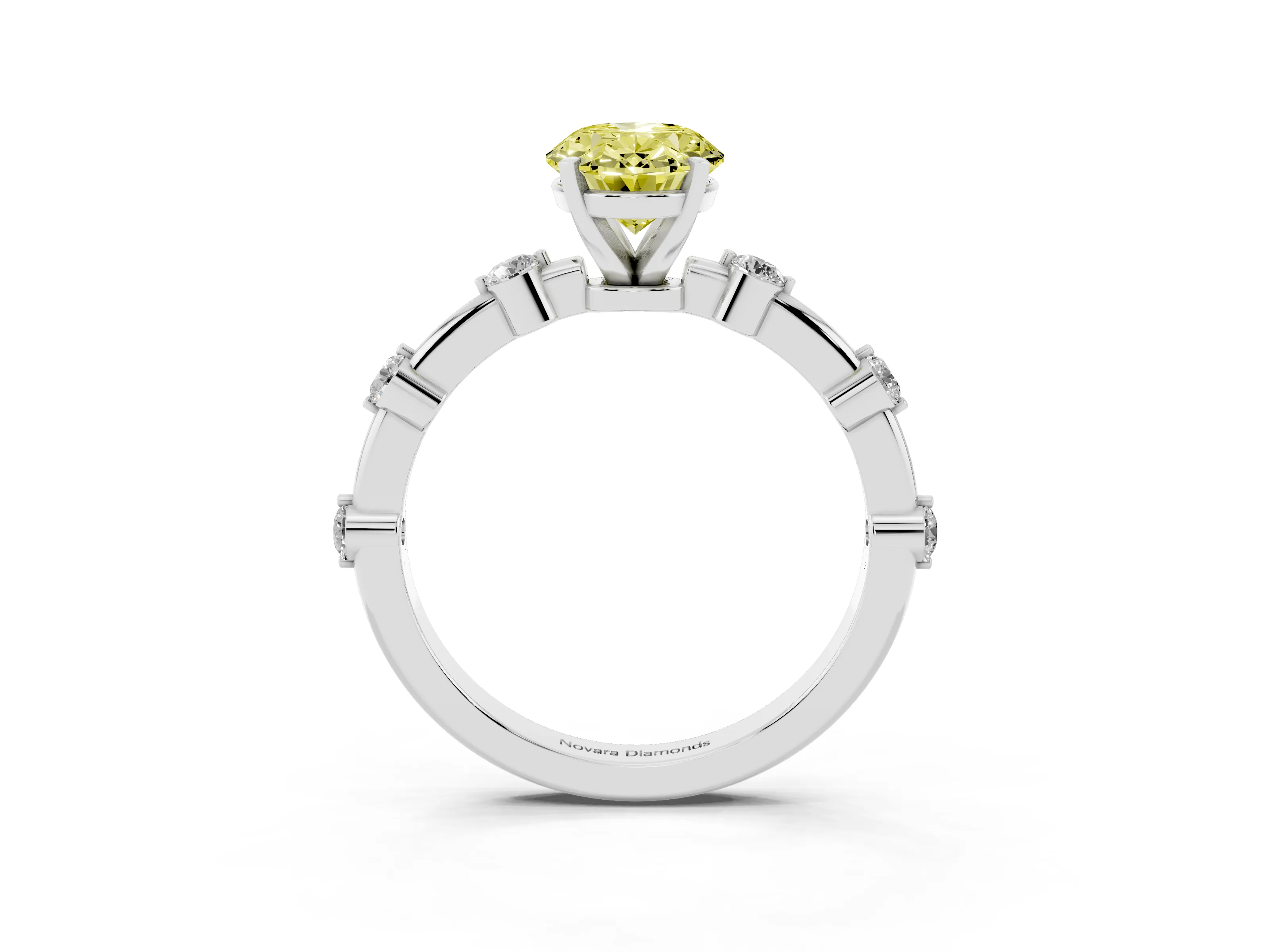 Fancy Yellow Oval Cut Diamond Solitaire Ring Set in Silver with Bezel Set Side Stones and Prong Setting