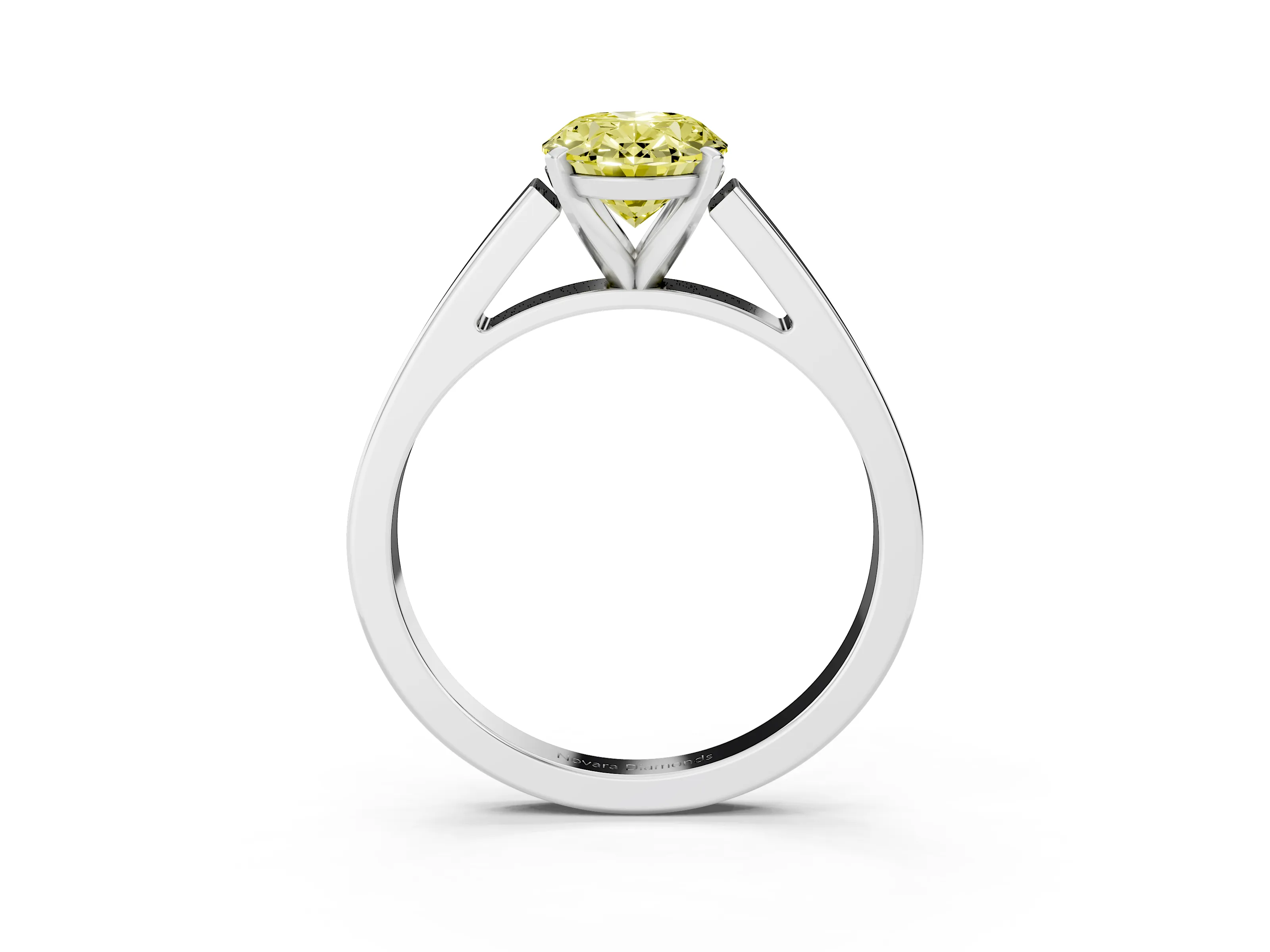 Fancy Yellow Oval Cut Diamond Solitaire Engagement Ring Set in White gold with Prong Setting and Tapered Band