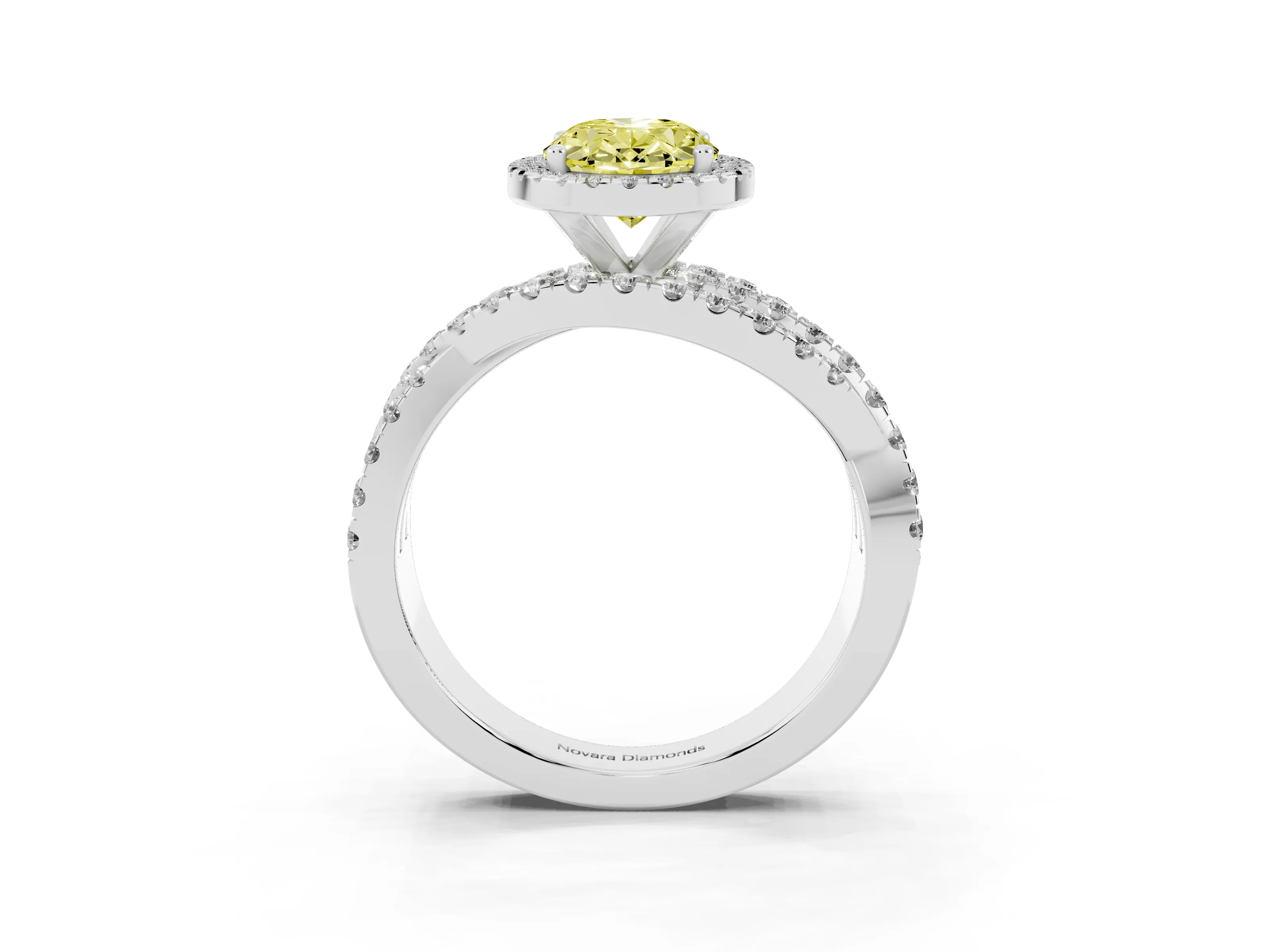 Fancy Yellow Oval Cut Diamond Halo Ring Set in Silver with Round Crossover Split Shank and Prong Setting