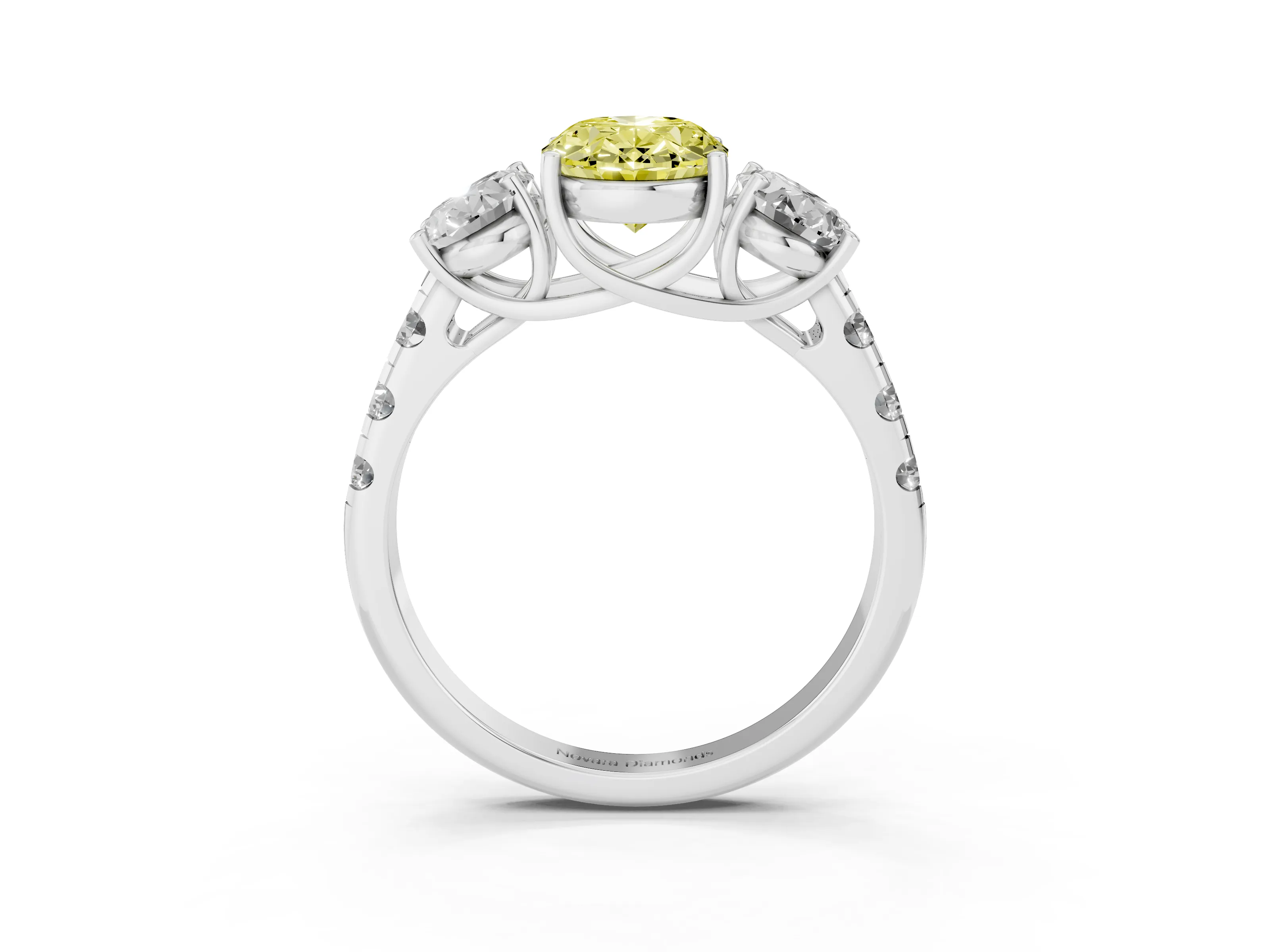 Fancy Yellow Oval Cut Diamond Three-Stone Ring Set in Silver with Pavé Band
