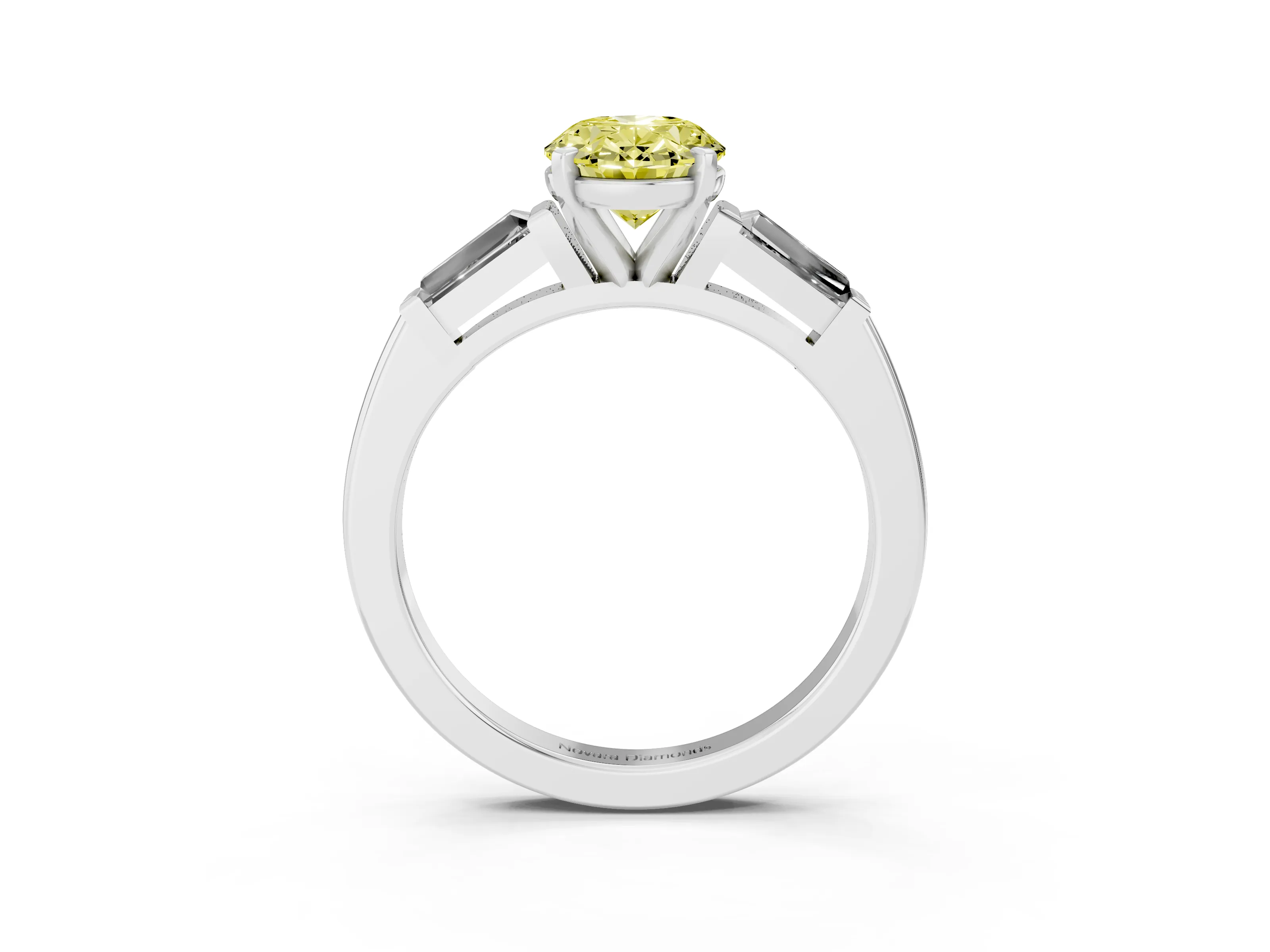 Fancy Yellow Oval Cut Diamond Solitaire Ring Set in White gold with Tapered Baguette Side Stones and Prong Setting